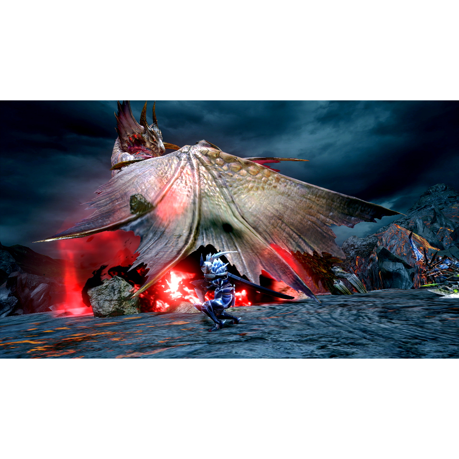 A warrior faces a dragon. Red lava in the background.