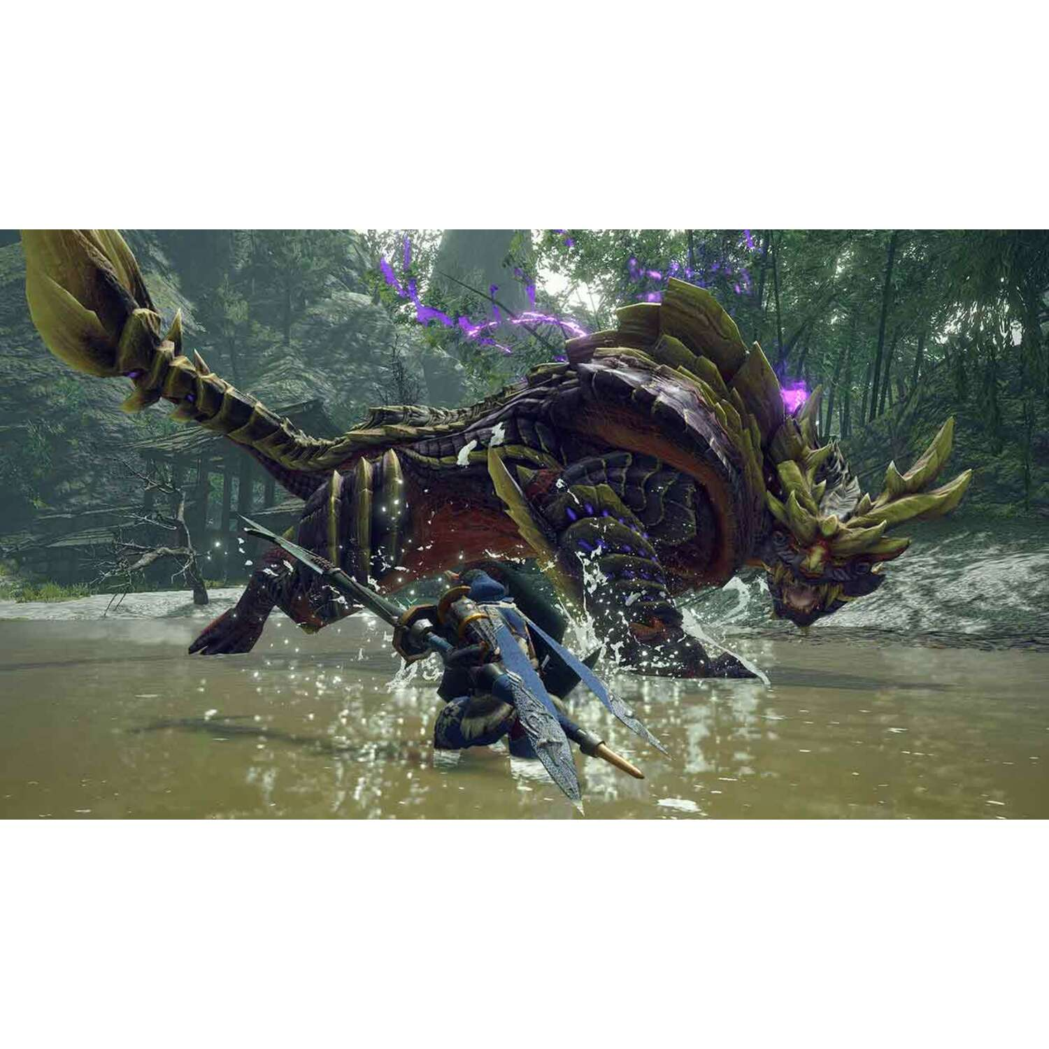 A monster faces a warrior wielding two swords in water.