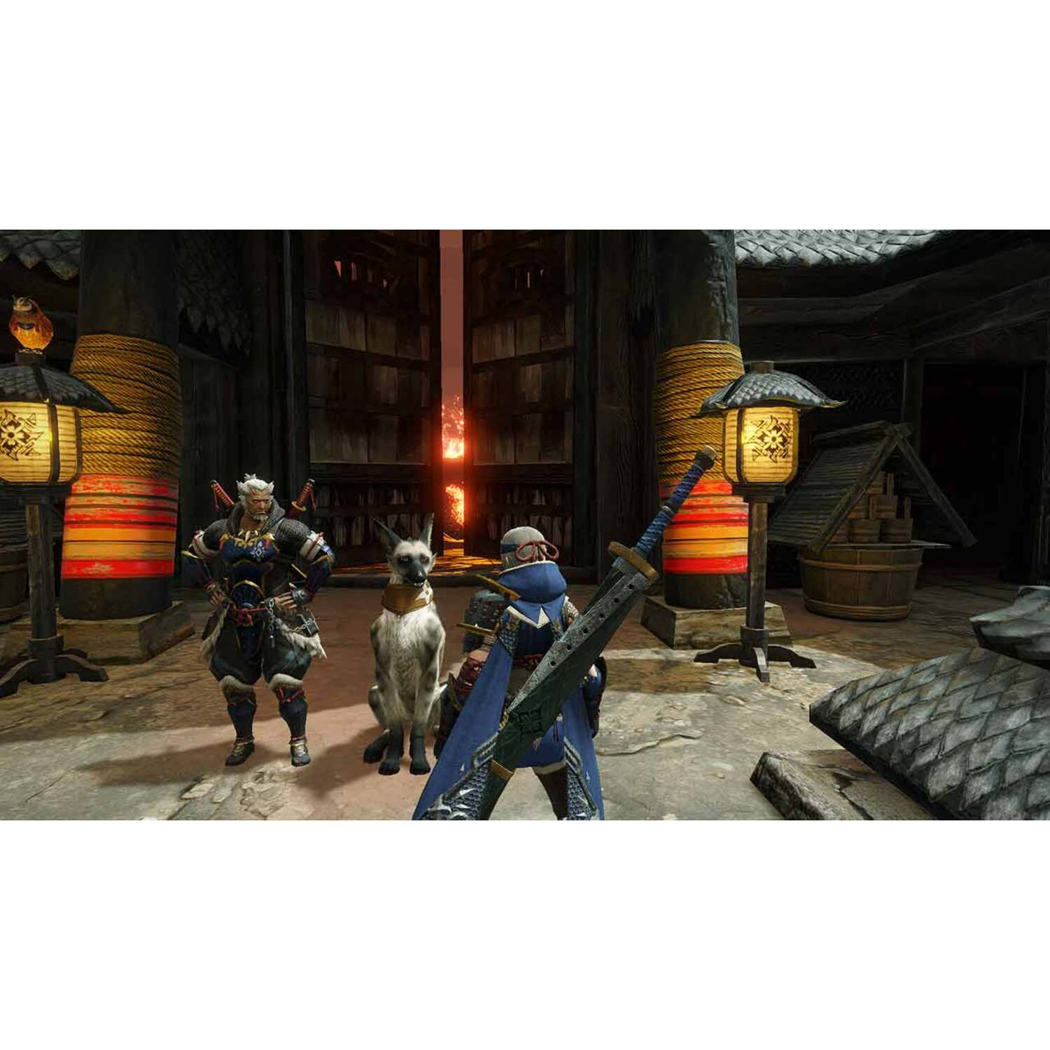 Three characters in a stylized environment, two humans and a dog, with lanterns and a large sword.