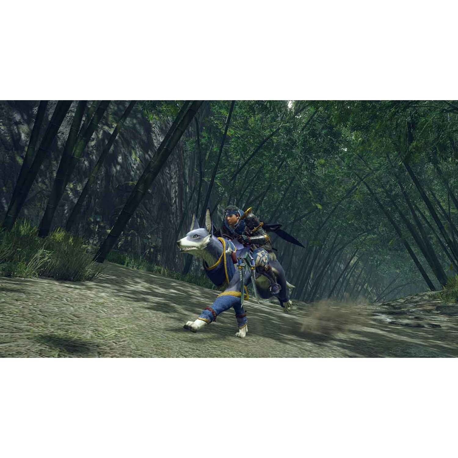 A character riding a wolf-like creature through a bamboo forest.