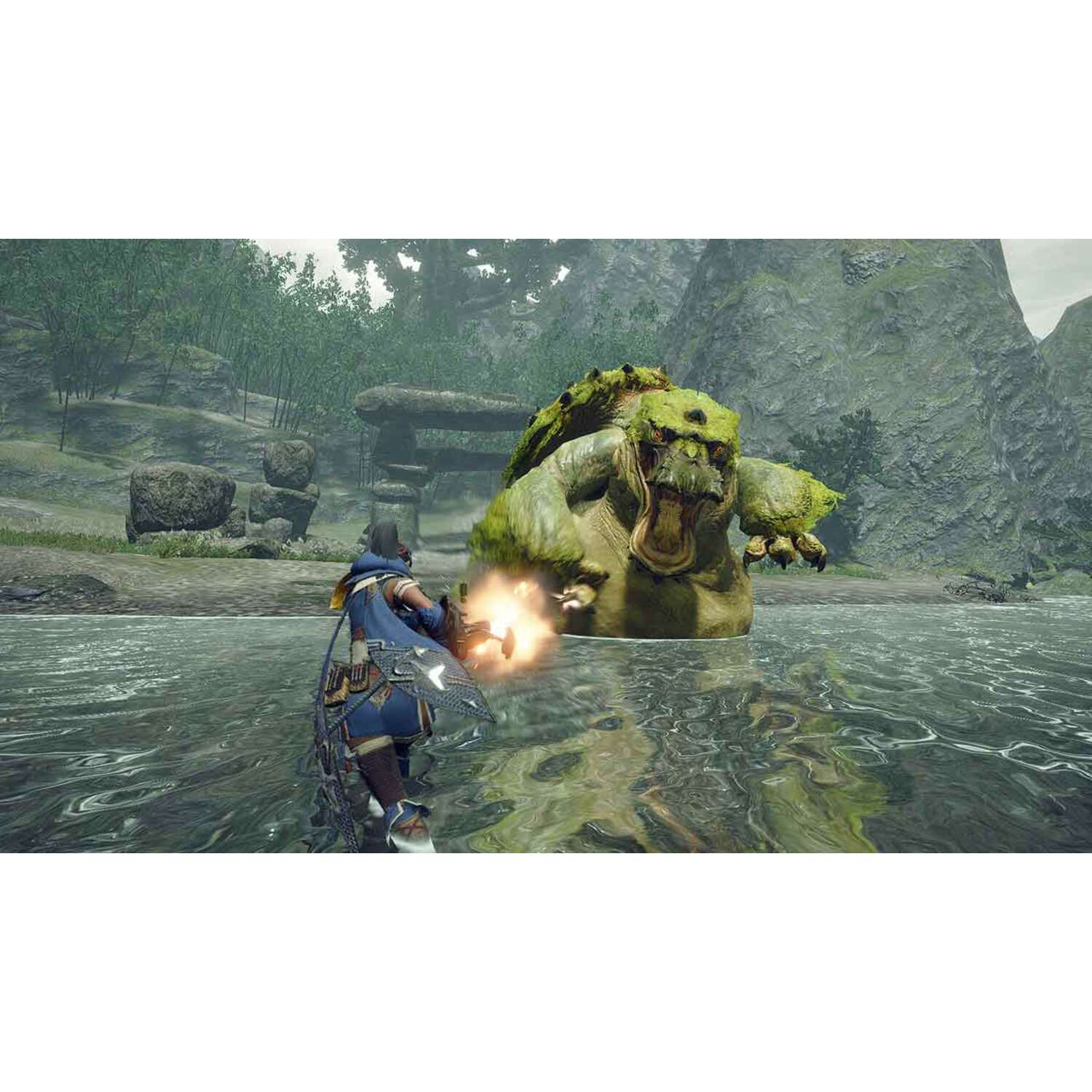 A character fires at a large, green monster in water. Trees and mountains are in the background.