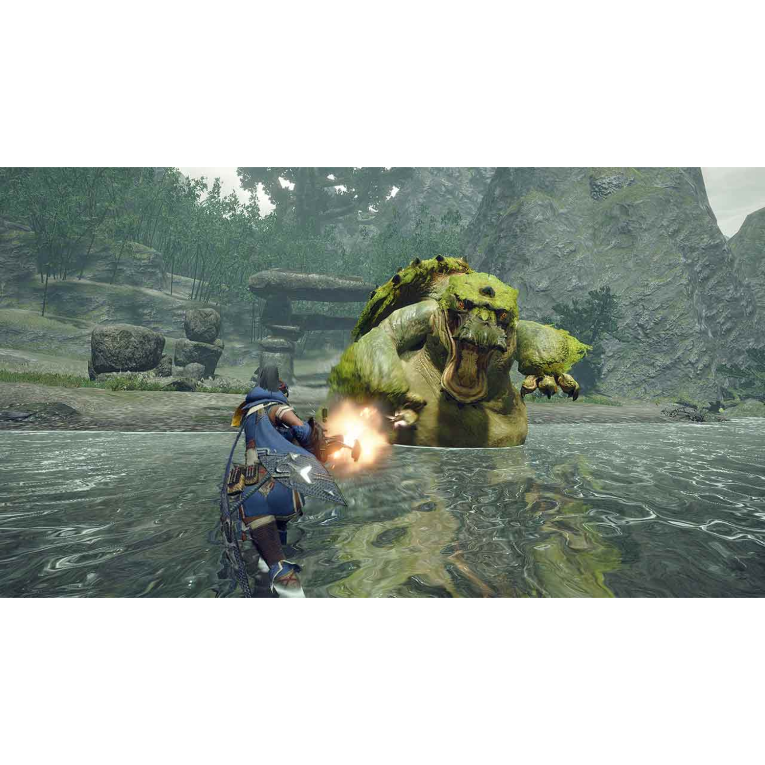 Character shooting at a monster in water, green and brown background.