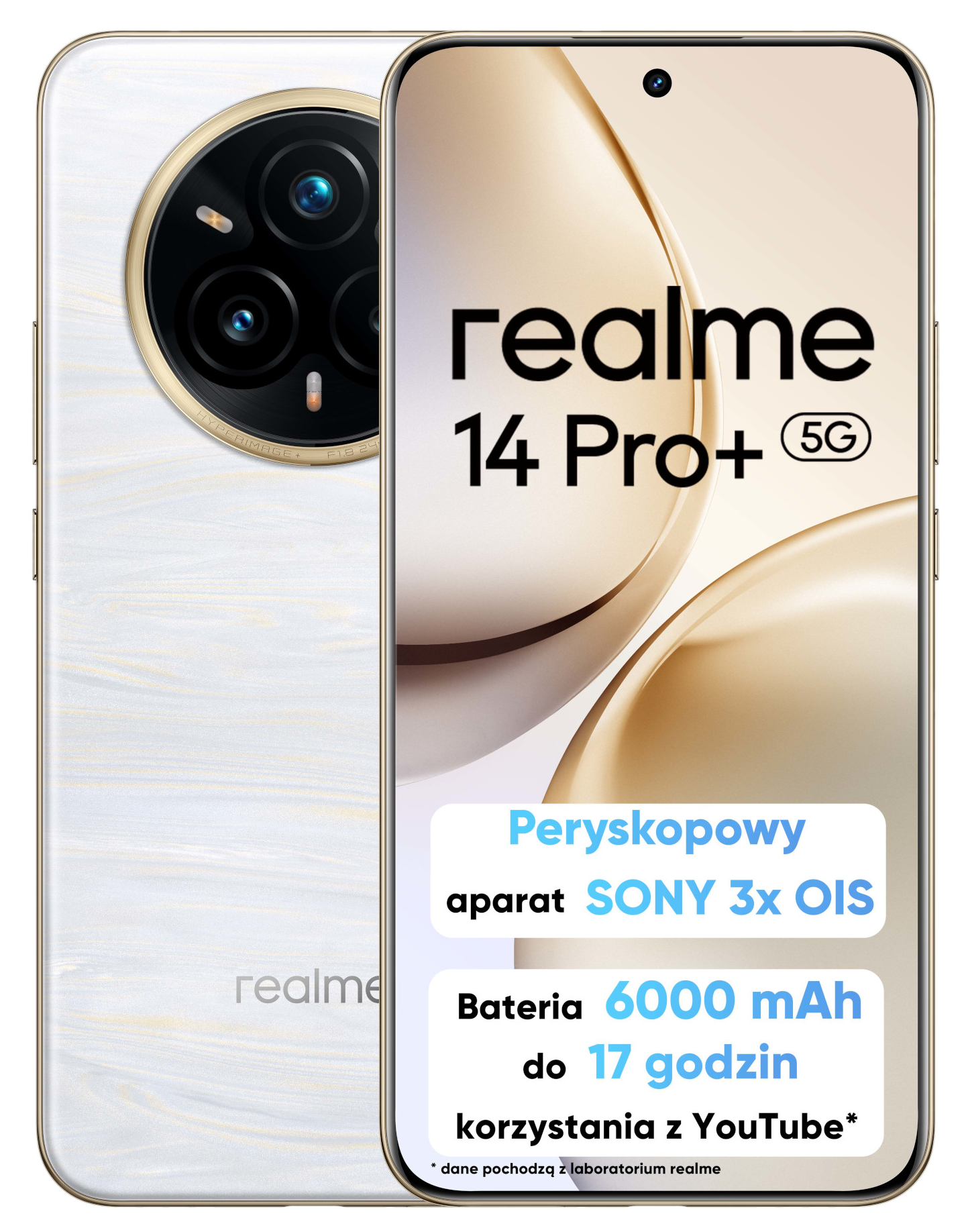 Biały telefon Realme 14 Pro+ 5G. Tył ma okrągły moduł aparatu. Tekst: Sony 3x OIS.