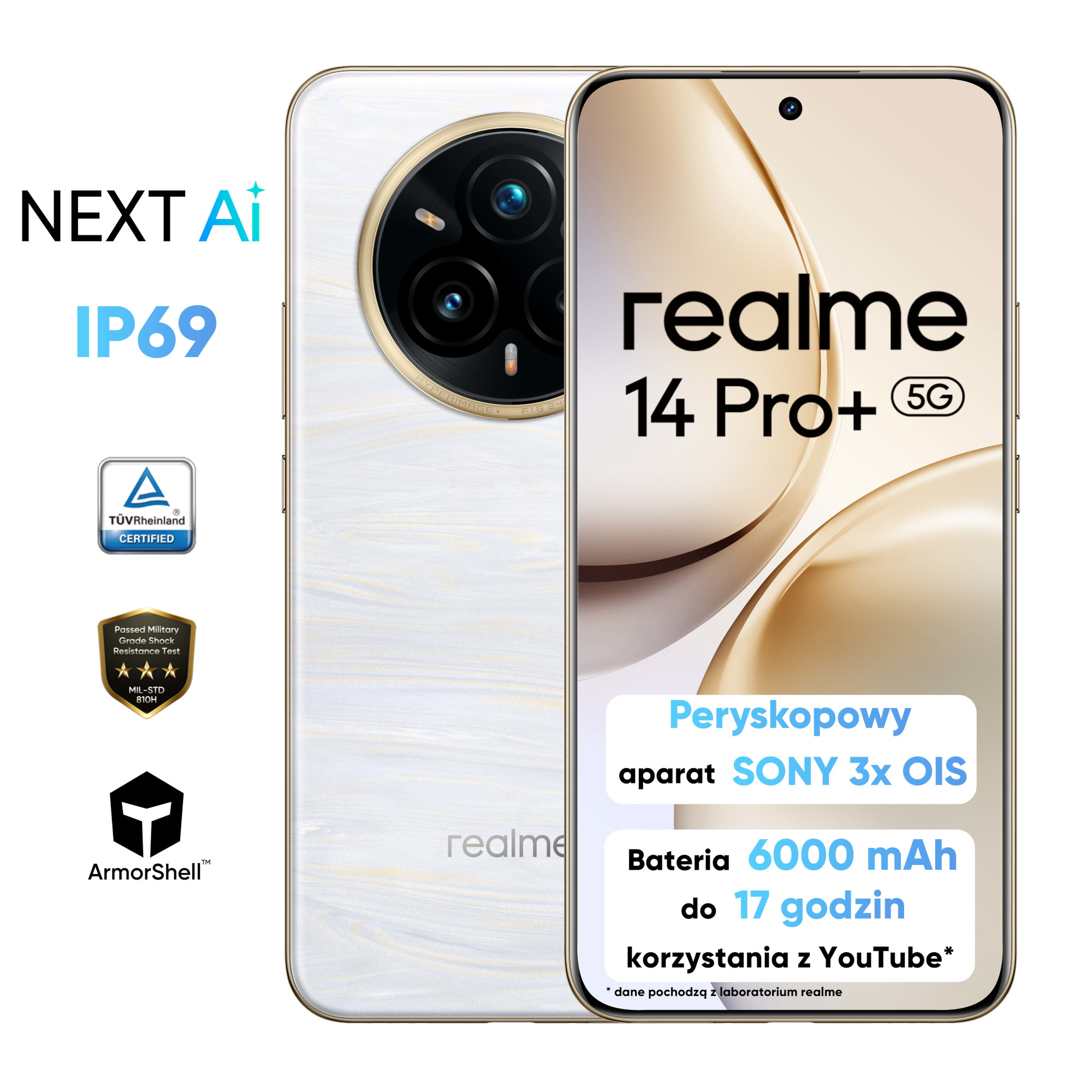 Telefon Realme 14 Pro+ 5G. Biały tył, złoty pierścień aparatu, ekran wyświetla tekst. Zawiera szczegóły baterii.