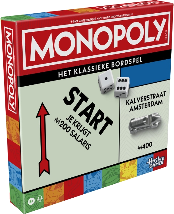 Monopoly doos. Rood, wit en groen. Dobbelstenen en auto zijn zichtbaar.