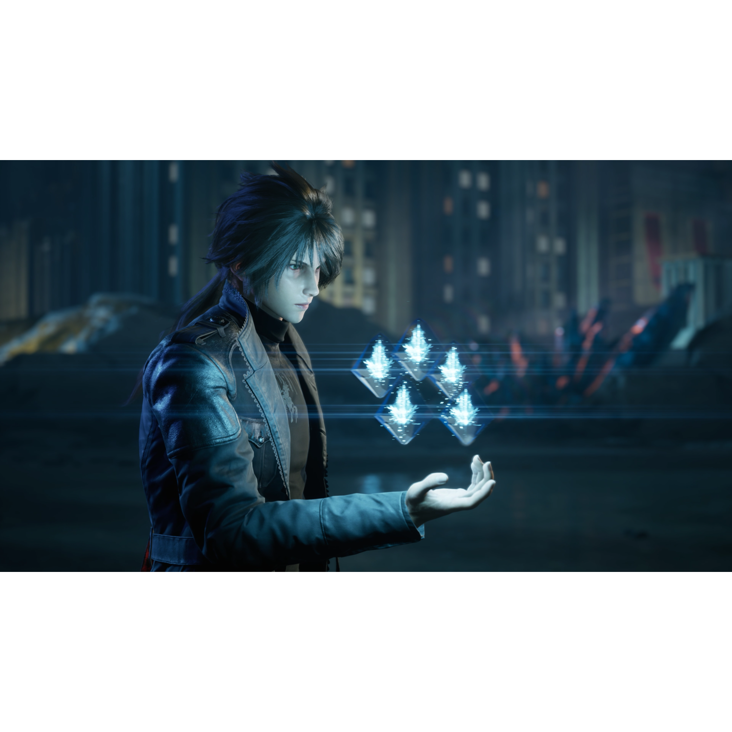 Un homme en veste tient des objets bleus brillants dans sa main, sur fond de ville sombre.