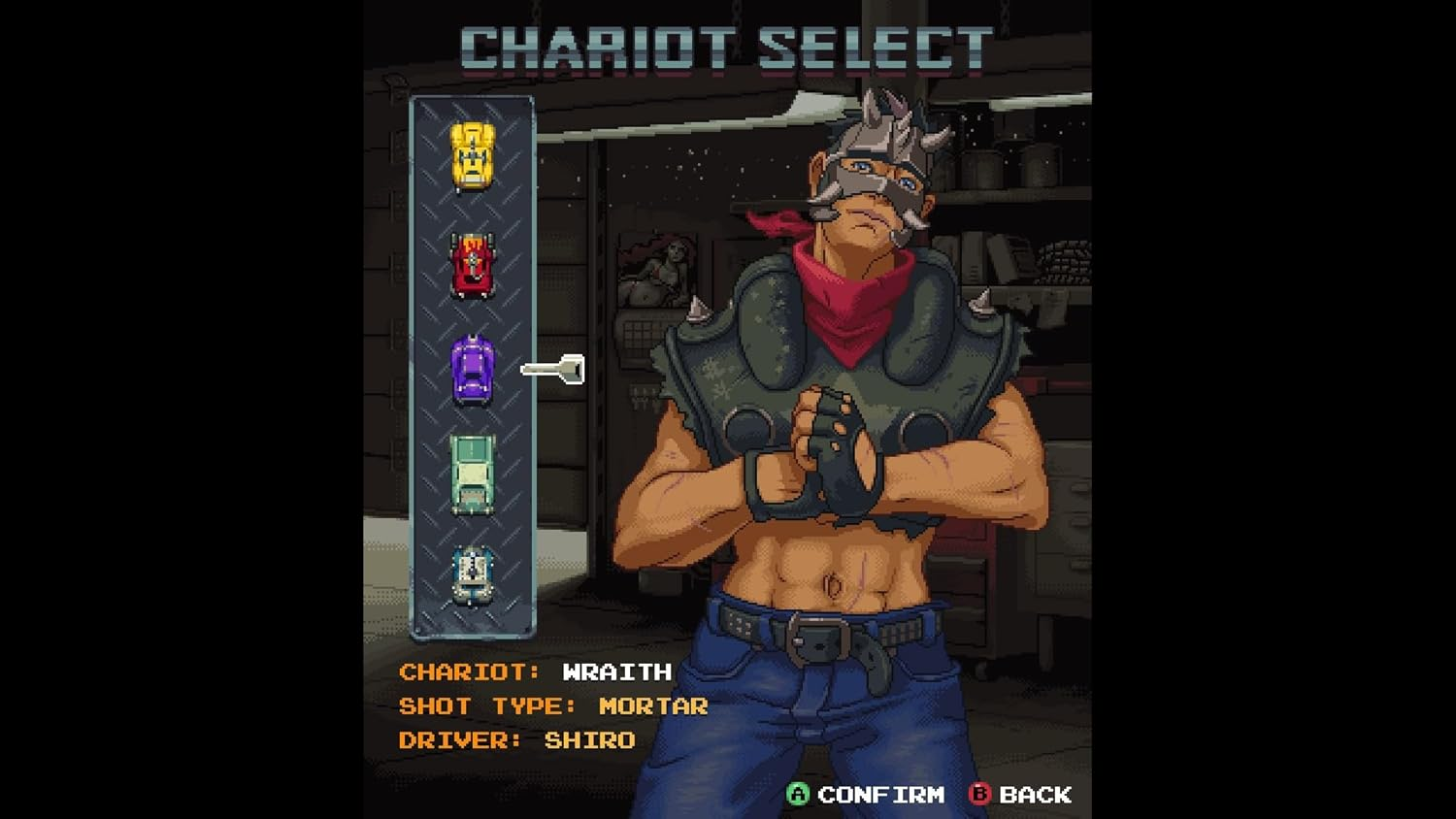 Una imagen pixelada de un videojuego de un hombre y una pantalla de selección de coches.