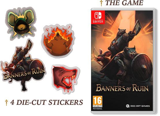 Pegatinas de un oso, una cabeza de oso y la caja del juego 'Banners of Ruin'.