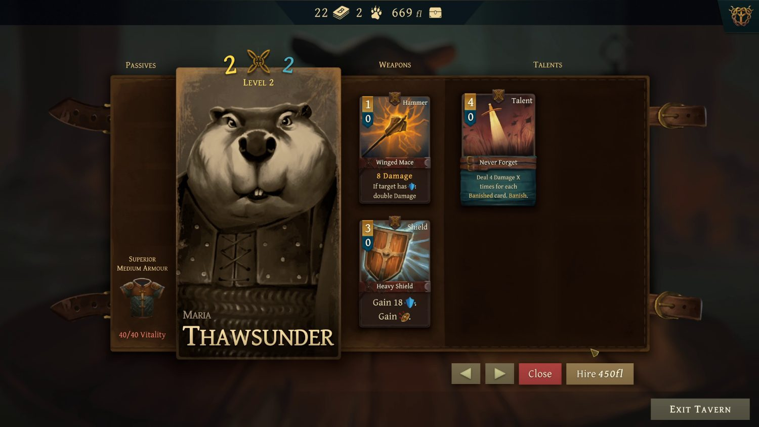 Interfaz del juego: Carta de personaje oso con selección de armas y talentos.
