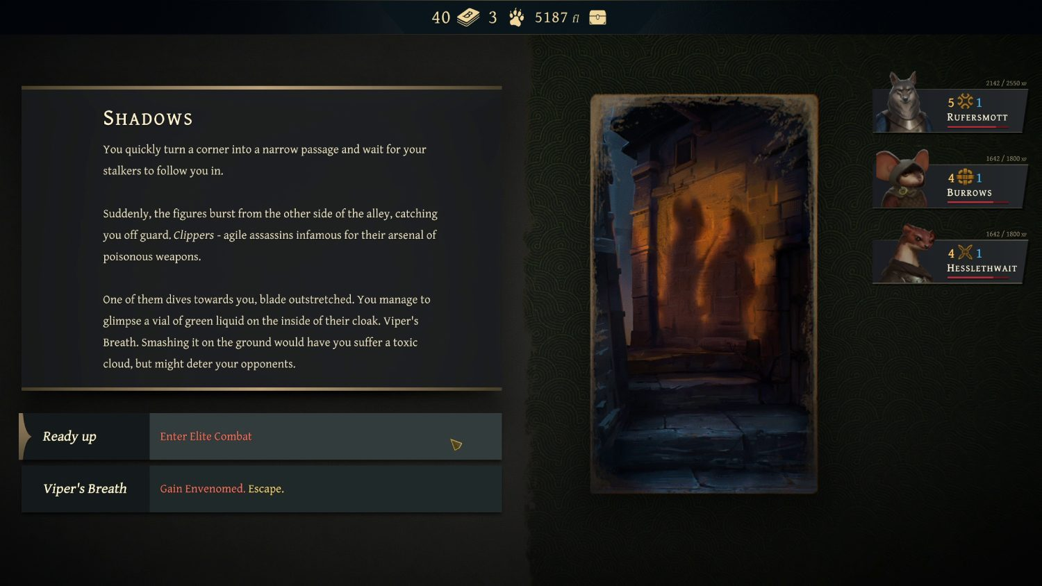 Interfaz de juego: Sombras, opciones de combate y alineación de personajes.