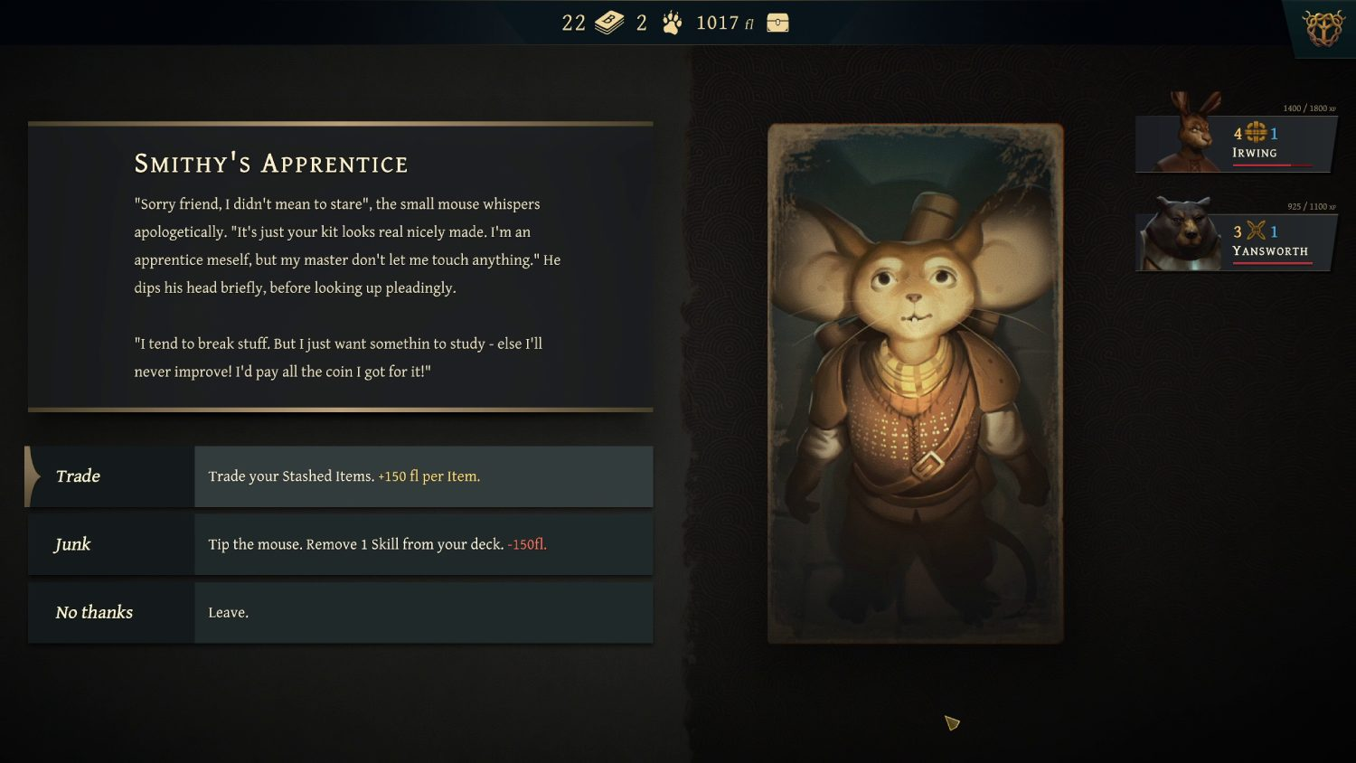 Pantalla de juego que muestra un personaje parecido a un ratón y texto sobre comercio y acciones.