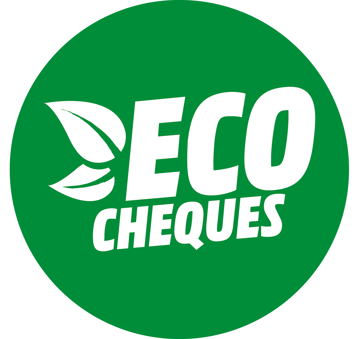 Cercle vert avec texte blanc 'ECO CHEQUES' et deux feuilles stylisées.