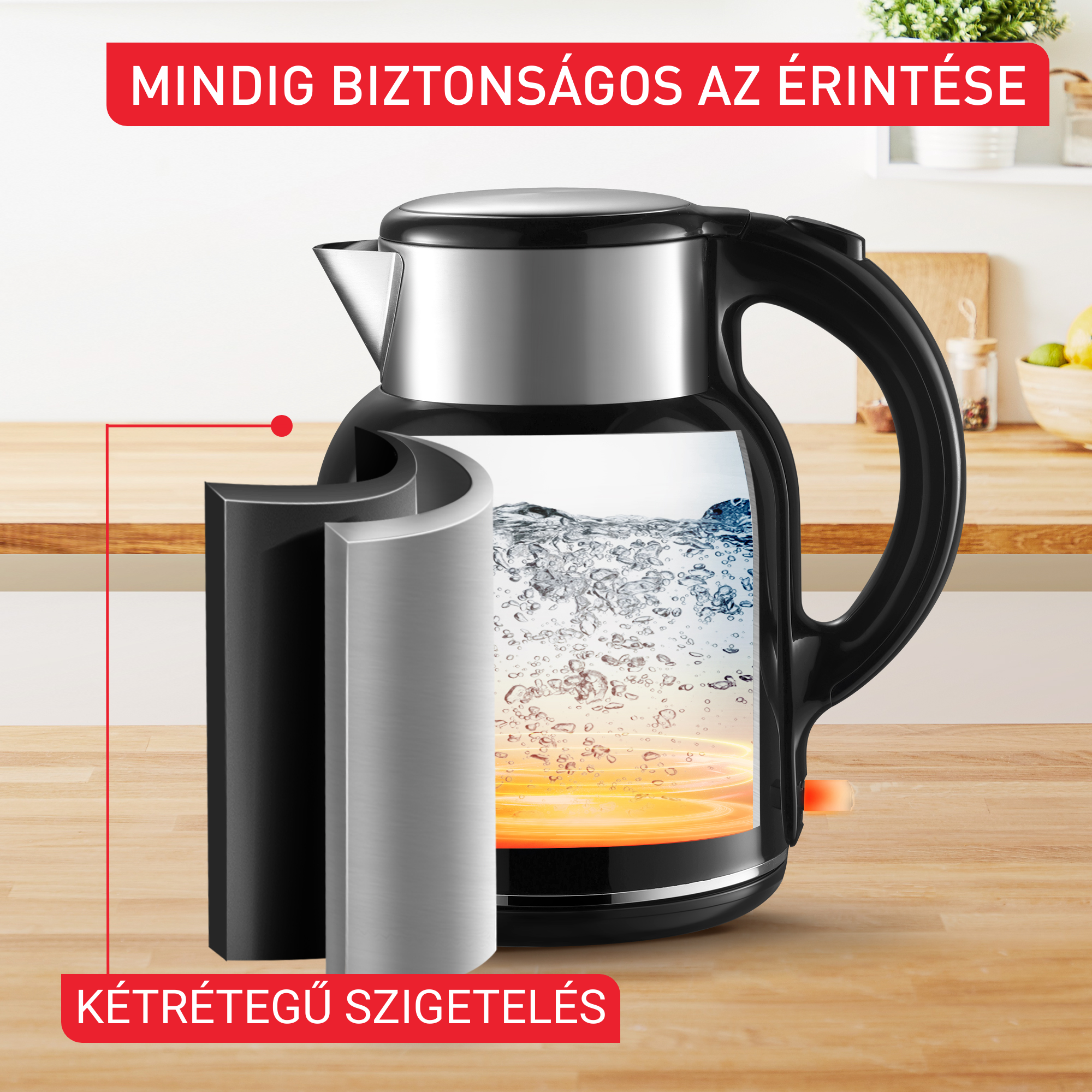 Fekete-ezüst elektromos vízforraló, amelynek egy kivágott nézete mutatja a vizet belül, és szöveg a képen.