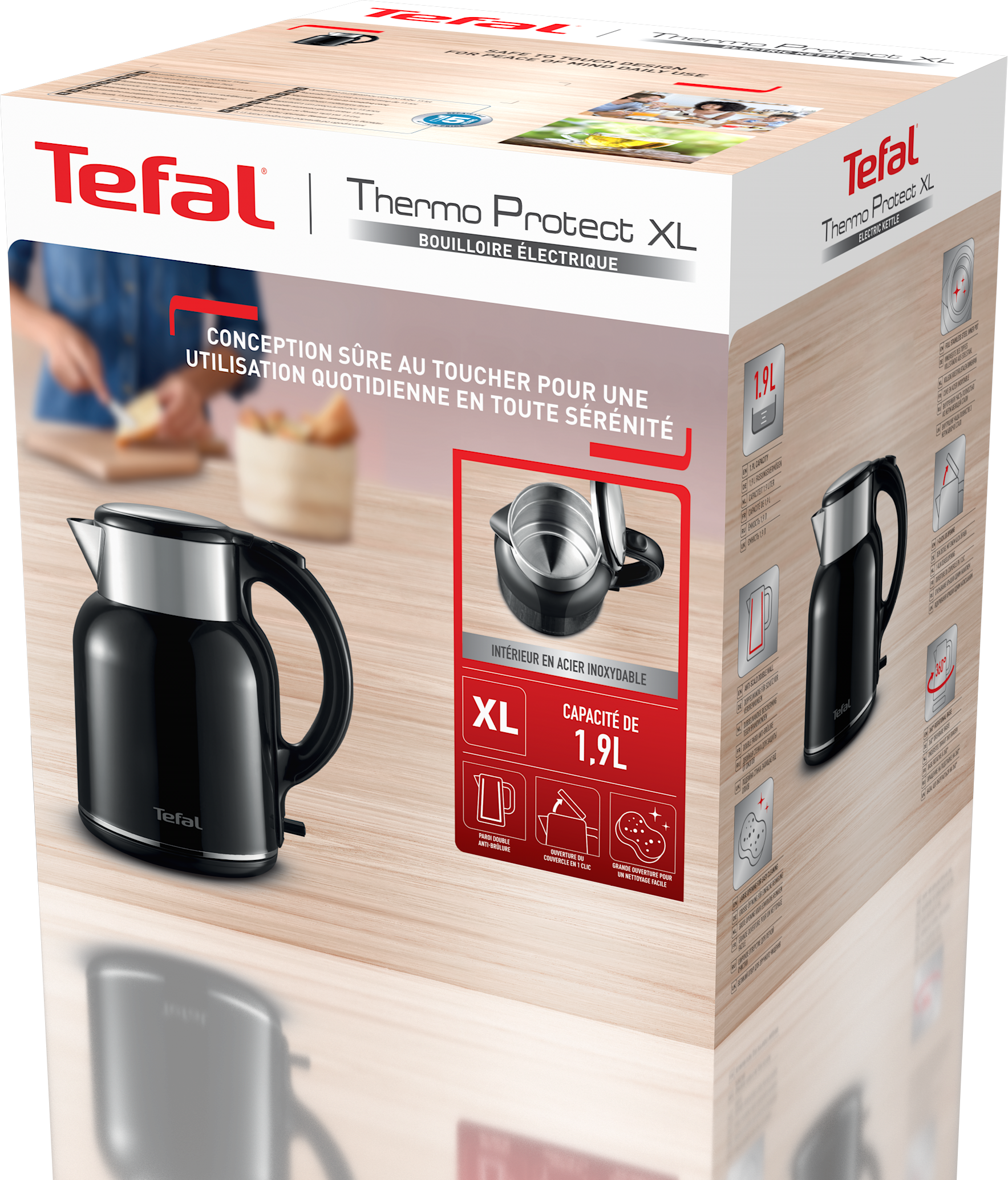 Egy Tefal termékdoboz, amely egy elektromos vízforralót mutat, képekkel és szöveggel a termékről.