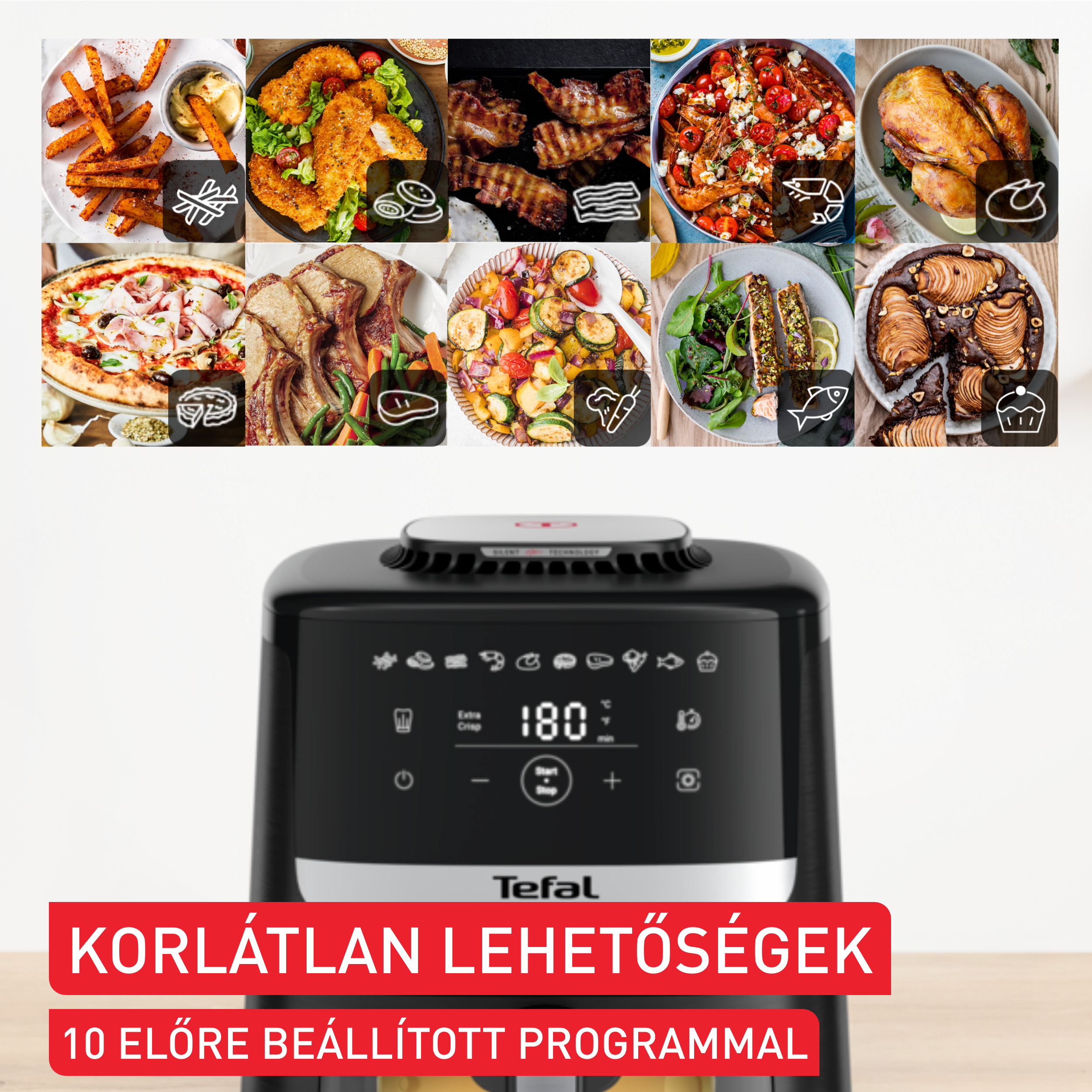 Levegős sütő étel ikonokkal, fekete test, piros szöveg. 180 fokot és 10 előre beállított programot mutat.