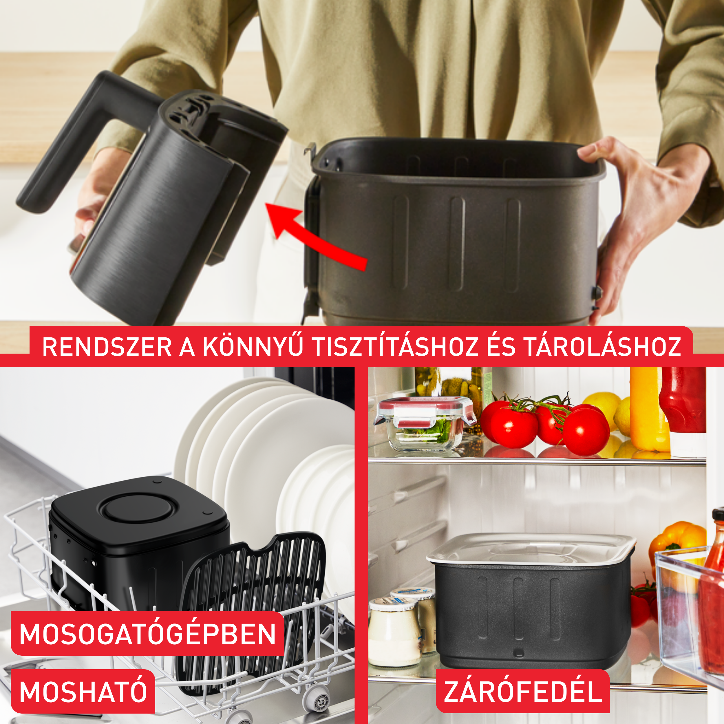 Képek sorozata egy légfritőzről, annak alkatrészeiről és egy mosogatógépről. Szöveg overlay.