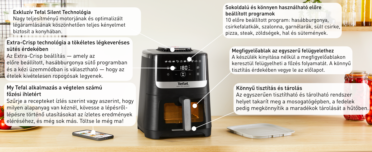 Egy fekete Tefal légkeveréses sütő kiemelt termékjellemzőkkel.