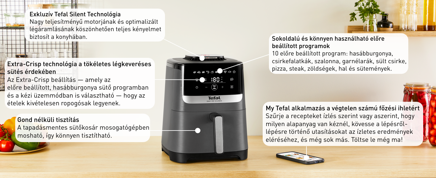 Egy forrólevegős fritőz a funkcióinak szöveges leírásával, beleértve az Extra-Crisp technológiát és az alkalmazást.