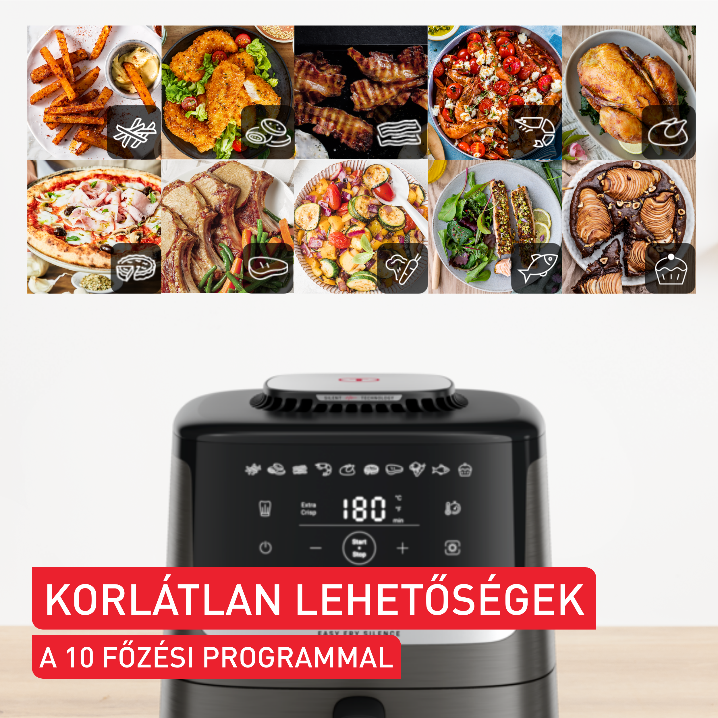 Egy légkeveréses fritőz, amelyen a hőmérsékletet mutató kijelző látható. A szöveg szerint: Korlátlan lehetőségek 10 főzési programmal.