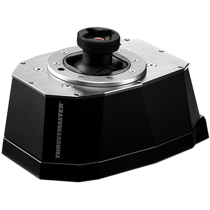 Joystick negro con base plateada y botón rojo. Producto Thrustmaster.
