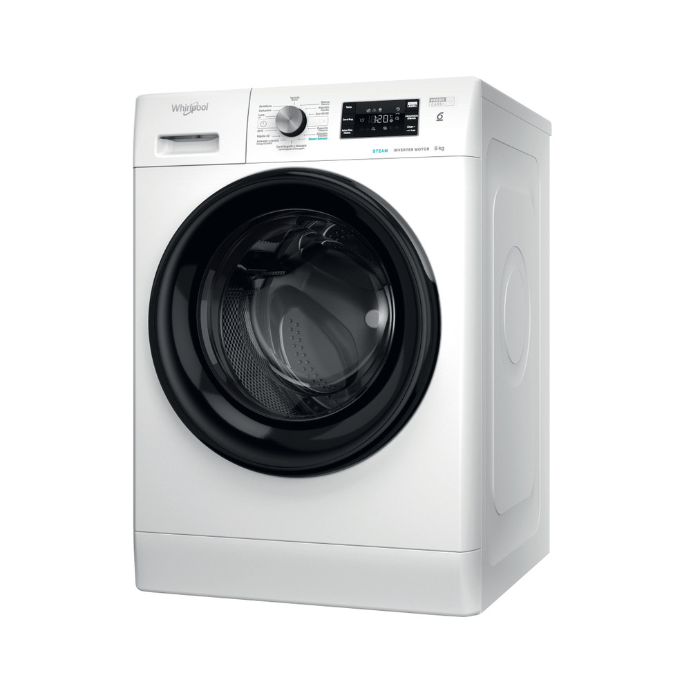 Lavadora Whirlpool blanca con puerta negra y panel de control.