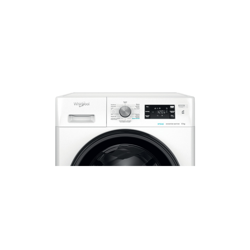 Una lavadora Whirlpool blanca, con un panel de control y una pantalla digital que muestra la hora.