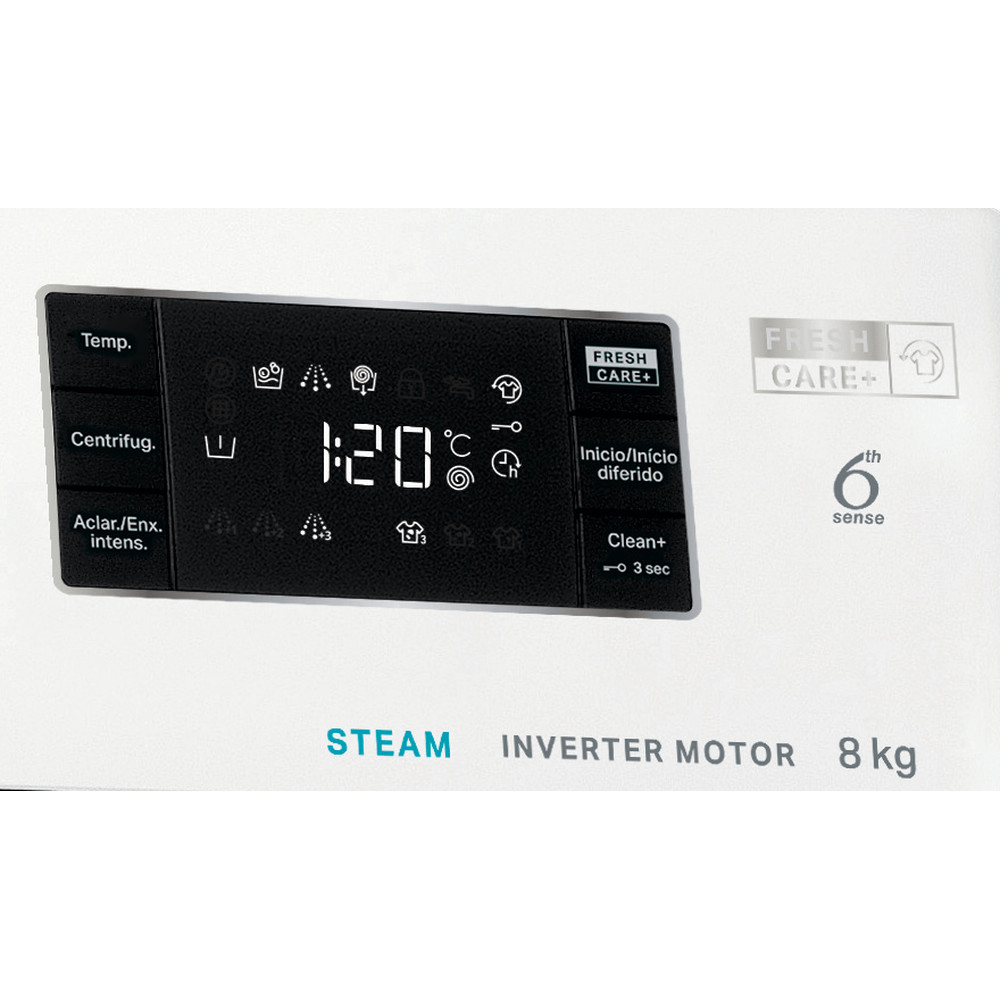 Primer plano de un panel de control de lavadora blanco con pantalla digital que muestra 1:20 e iconos.