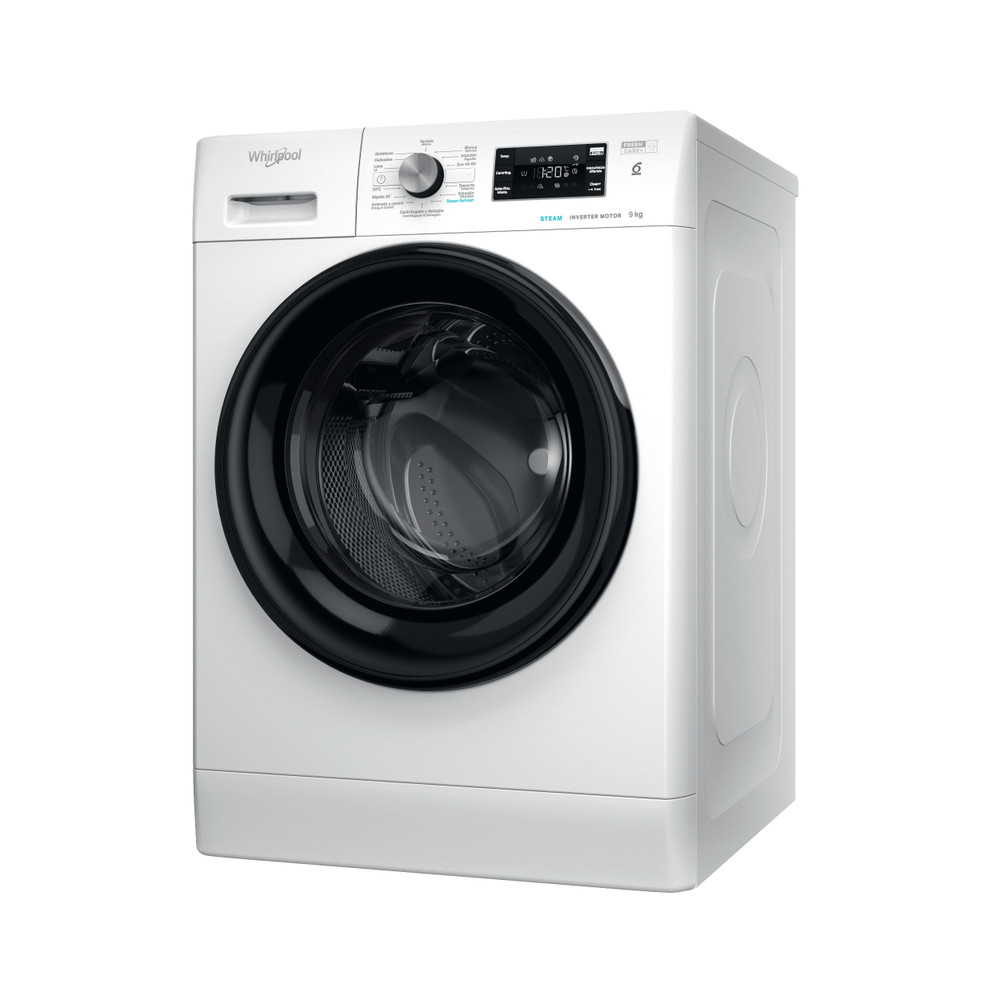 Una lavadora Whirlpool blanca con puerta y panel de control negros.
