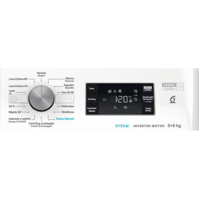 Panel de control de lavadora con dial y pantalla digital que muestra el tiempo y la configuración.