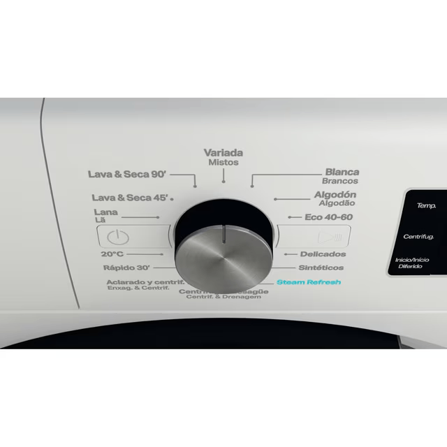 Panel de control de lavadora con varias opciones.