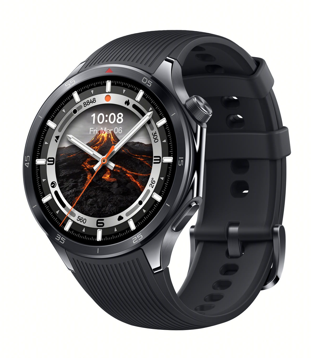 Reloj inteligente negro y plateado con correa negra. La esfera muestra un volcán y la hora.