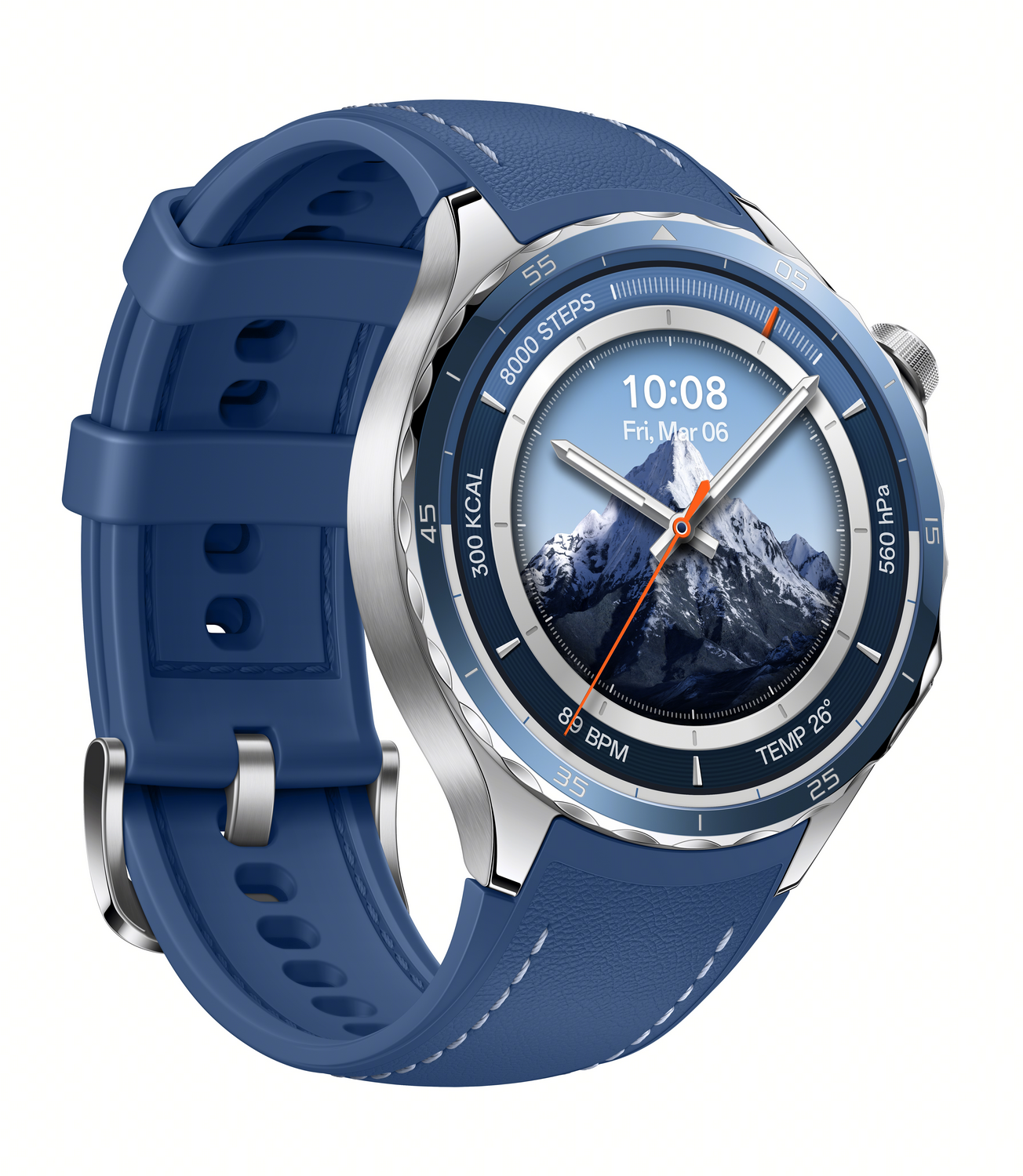 Un reloj inteligente azul con correa azul, mostrando la hora y paisaje montañoso.