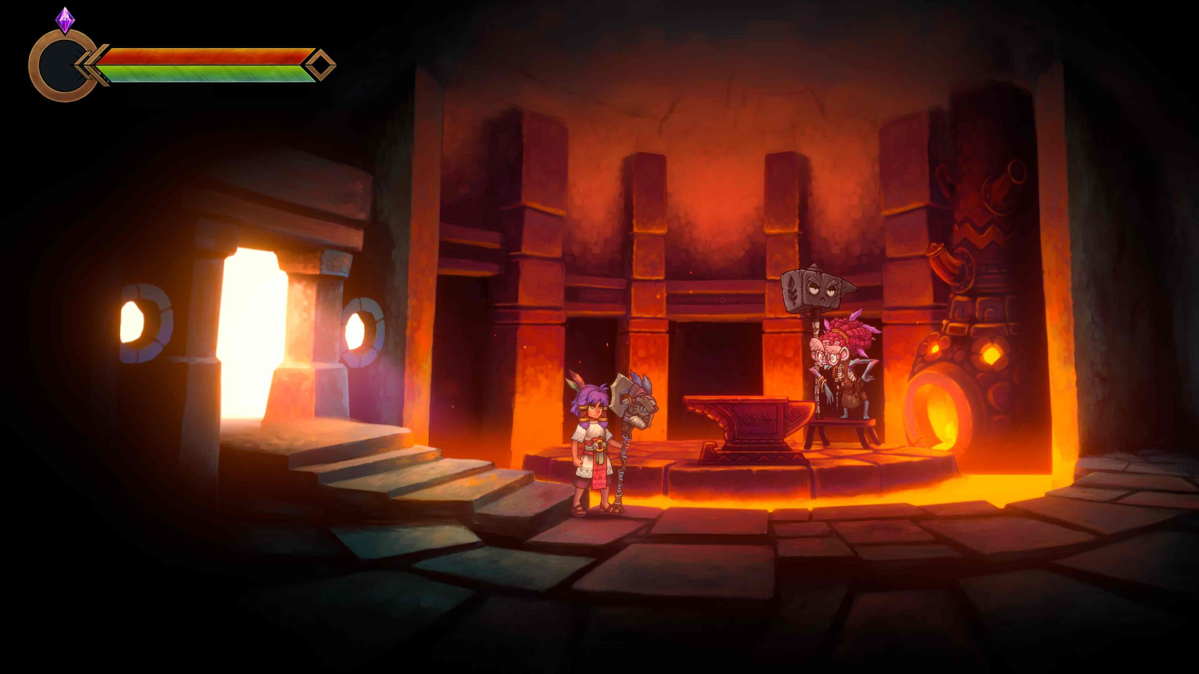 Escena de juego, personaje con martillo en una sala tipo forja. Resplandor rojo, otros personajes presentes.