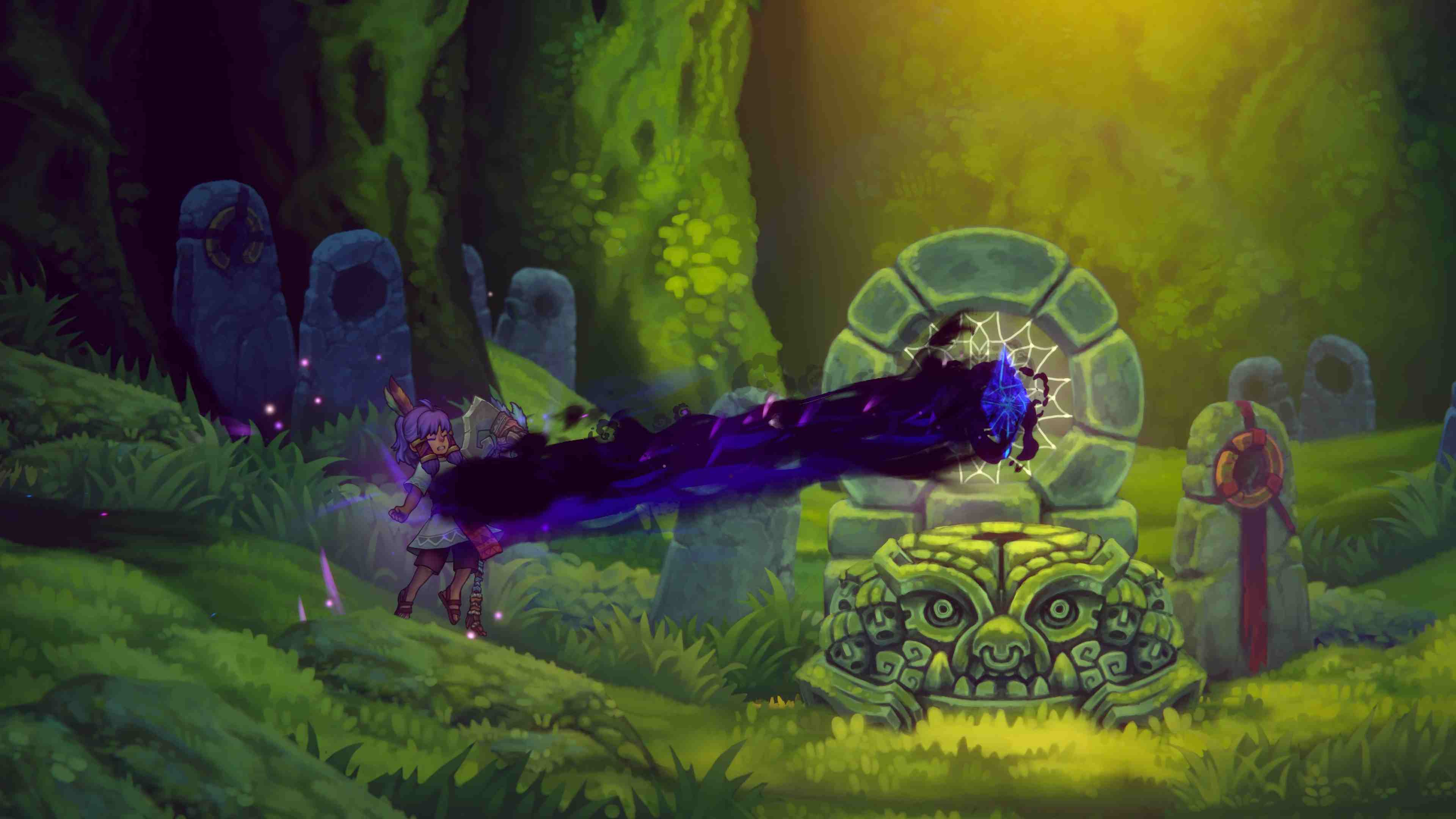 Un personaje morado ataca con un rayo de energía oscura en un bosque.