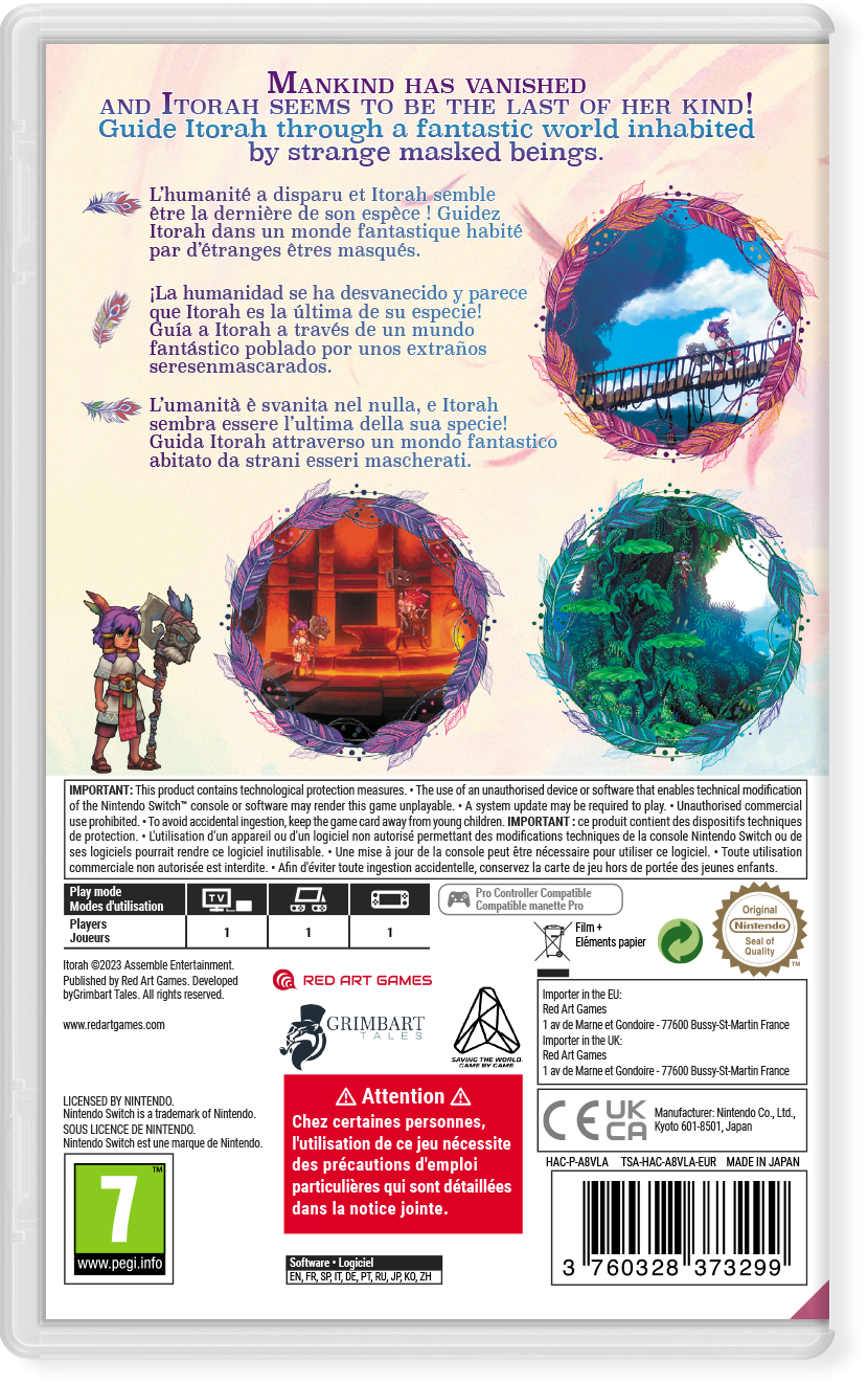 Parte trasera de una caja de juego de Nintendo Switch. La ilustración muestra un mundo de fantasía con un personaje y texto.