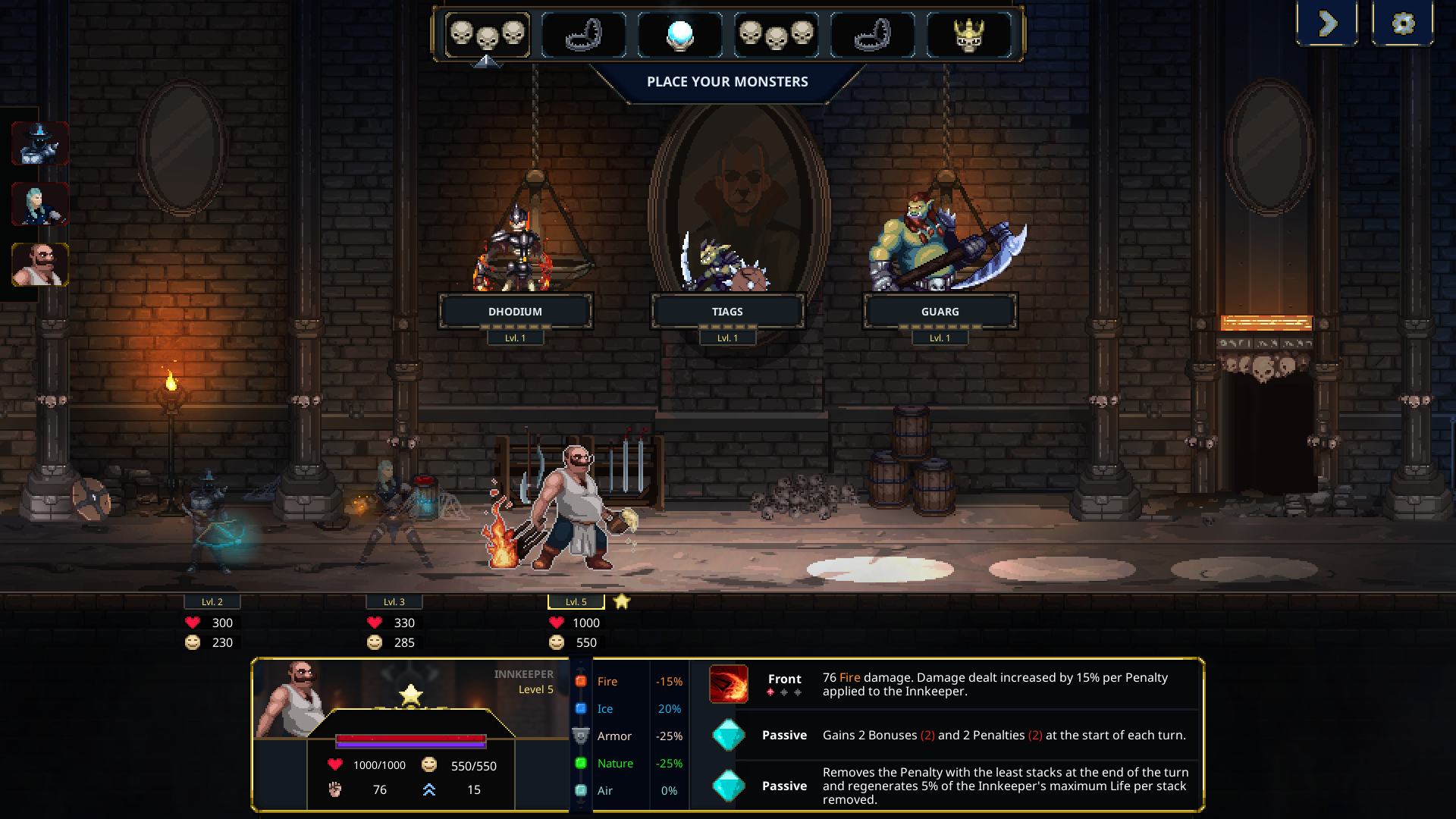 Una escena de videojuego con tres personajes en una mazmorra.