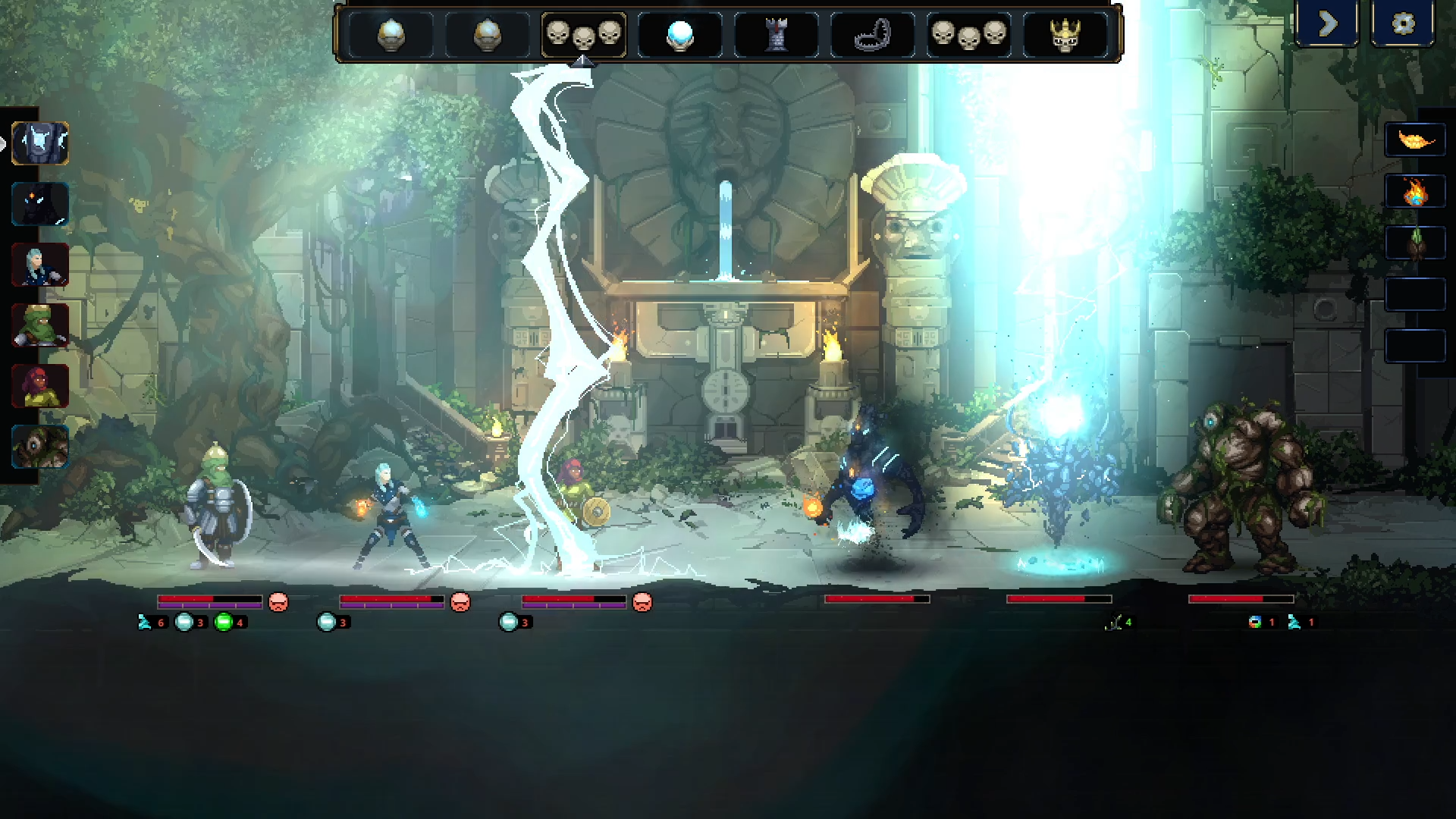 Una escena de juego de pixel art con guerreros luchando contra monstruos y usando magia en un bosque.