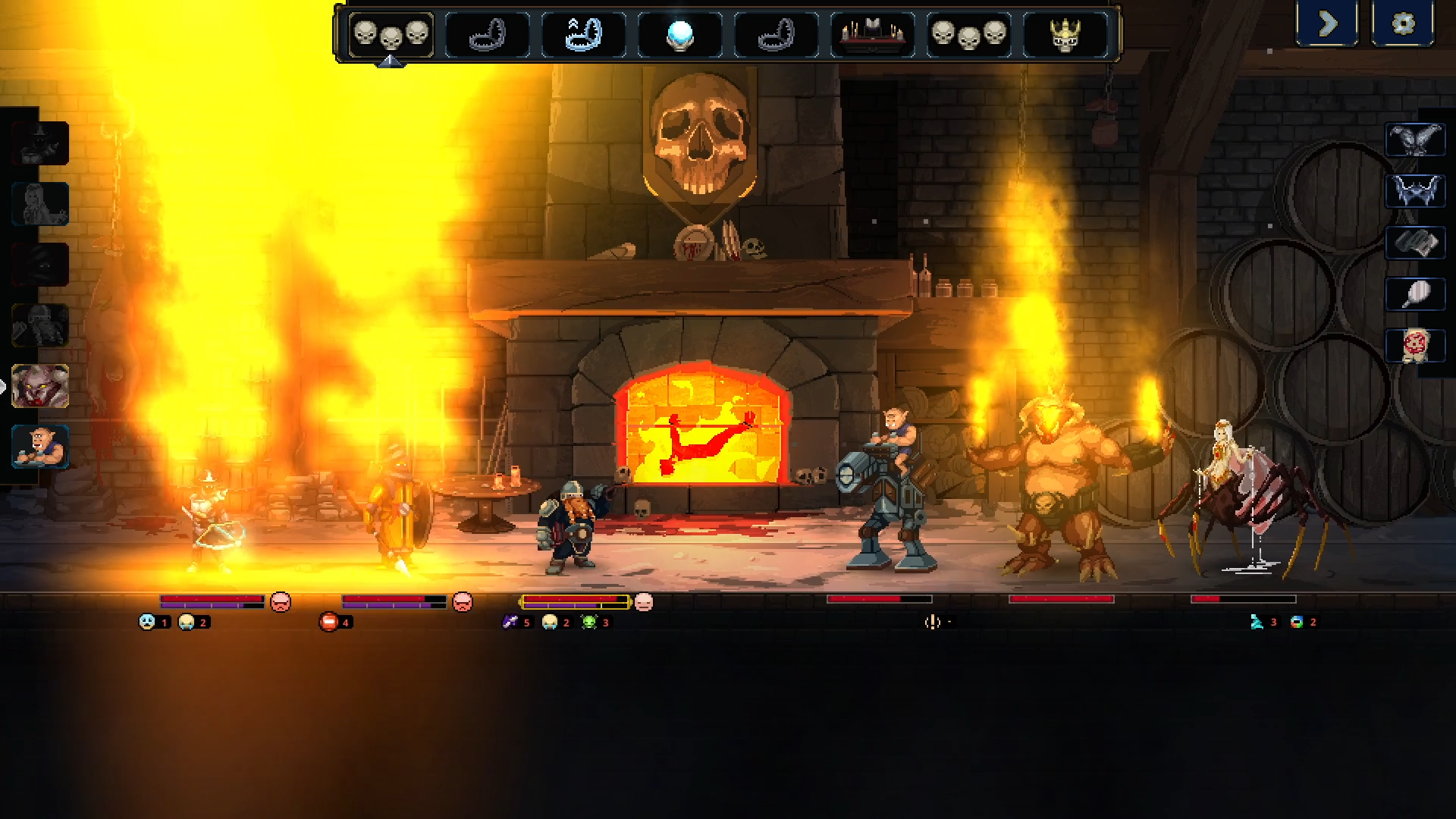 Escena de juego: fuego en una chimenea de piedra, figuras luchando y una calavera encima.
