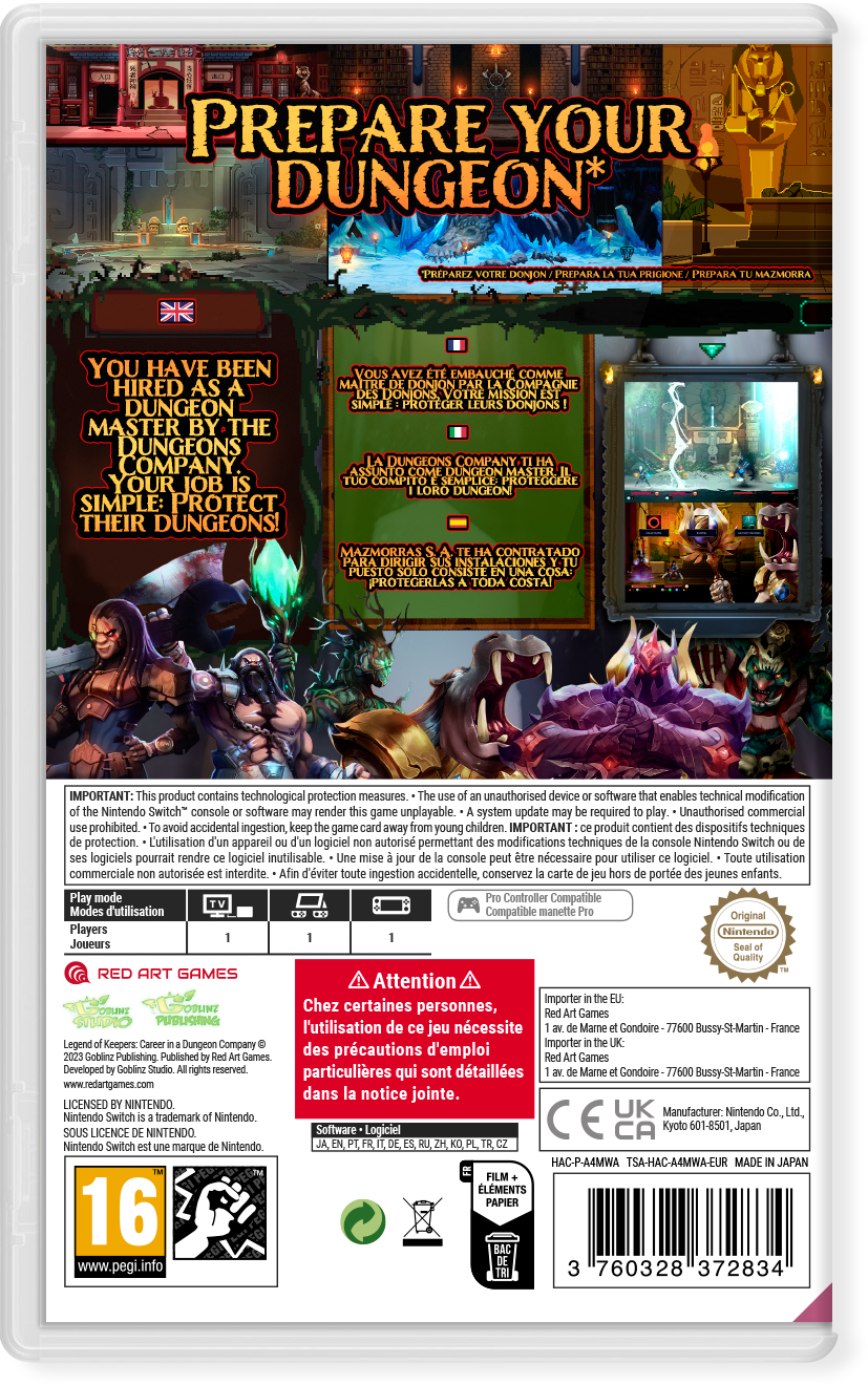 Parte trasera de una caja de juego de Nintendo Switch. Ilustración de una escena de mazmorras con texto en inglés.