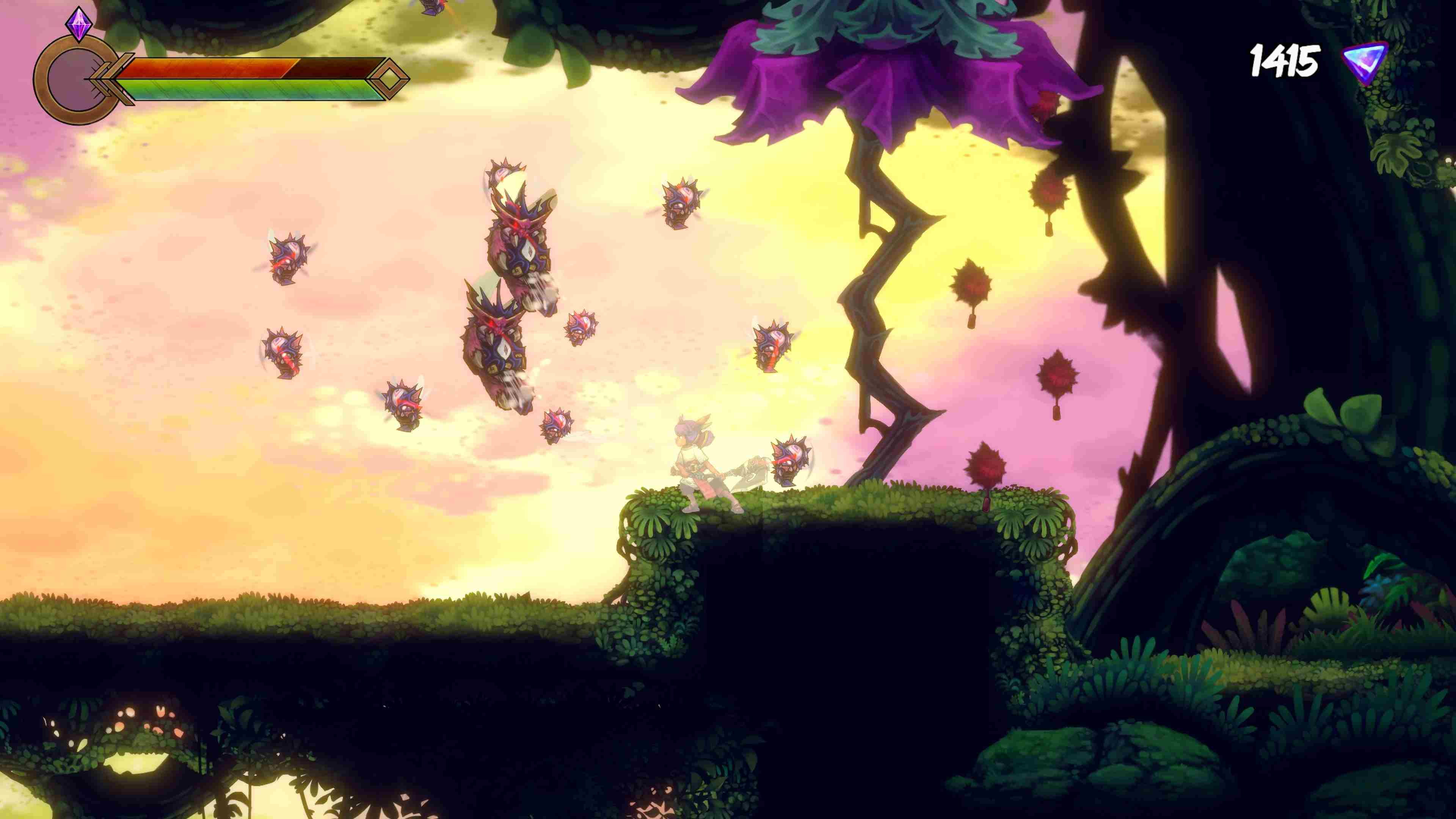 Una escena de videojuego con un personaje corriendo, enemigos y un HUD. Árboles y cielo al fondo.