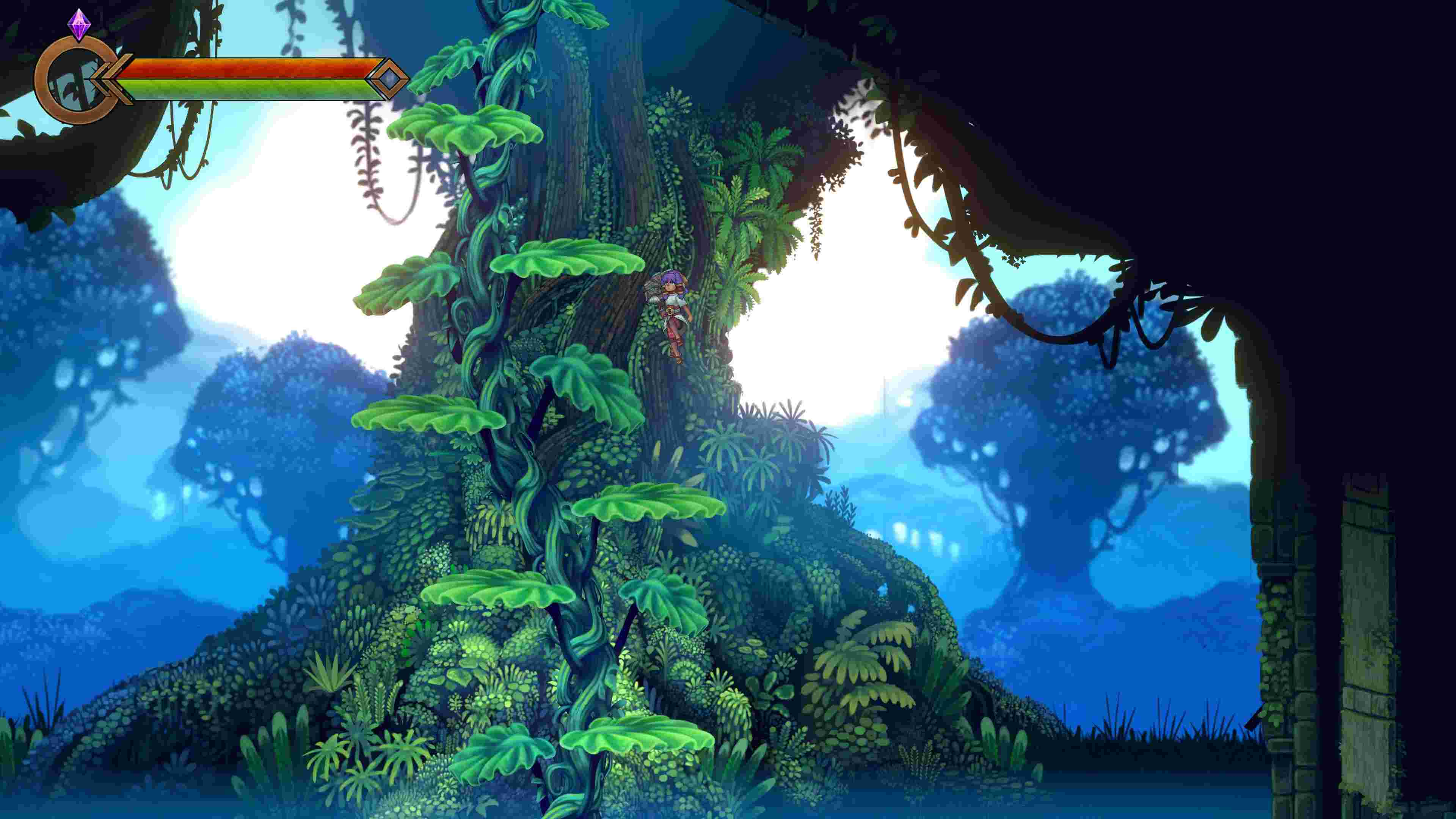 Escena de juego, un personaje en un entorno forestal. Gran árbol al fondo, con ambiente brumoso y azul.