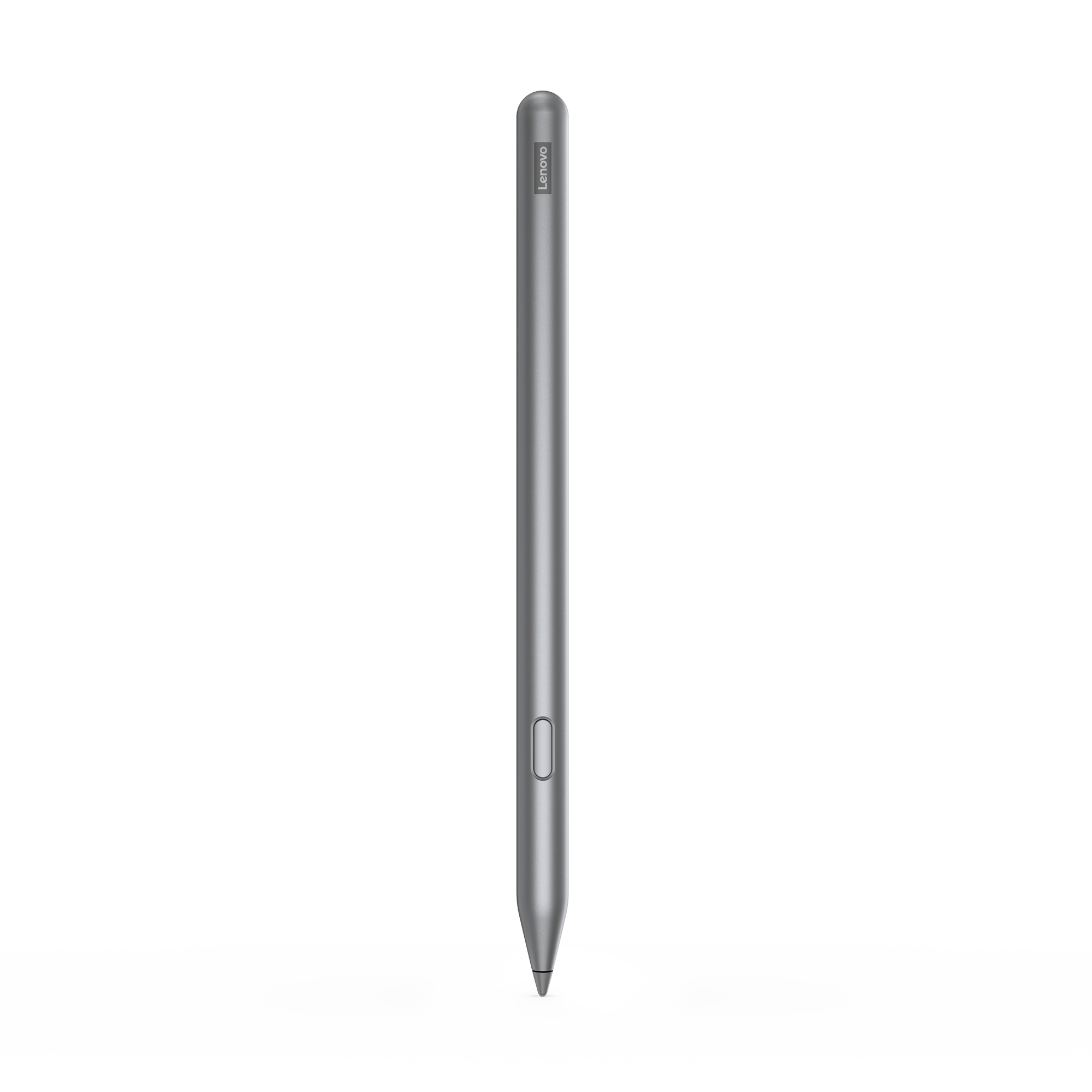 Un lápiz óptico Lenovo plateado sobre un fondo negro. El lápiz está en posición vertical, con un botón y el logotipo de Lenovo.