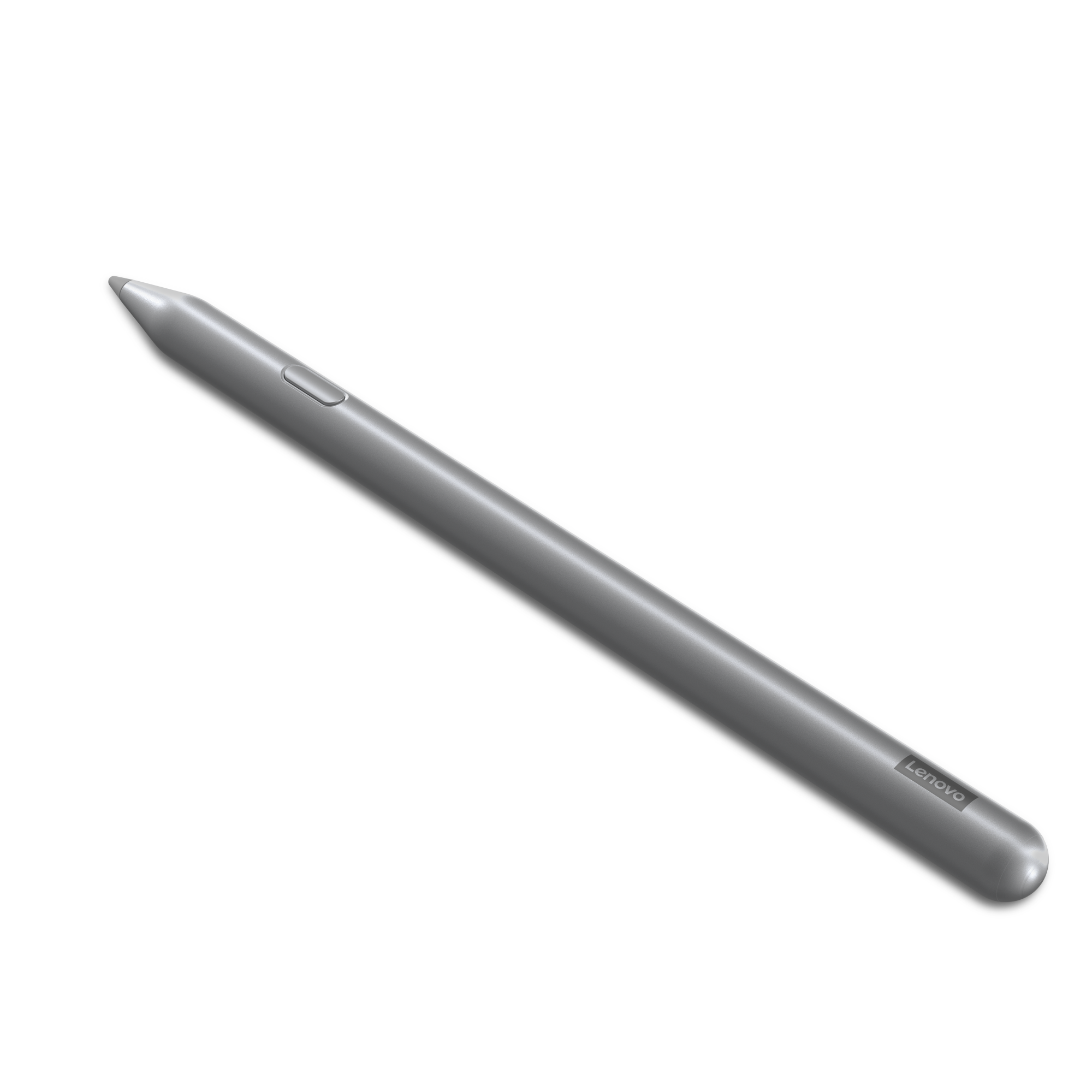 Un lápiz óptico Lenovo plateado sobre fondo negro. Tiene un botón y el logotipo de Lenovo.