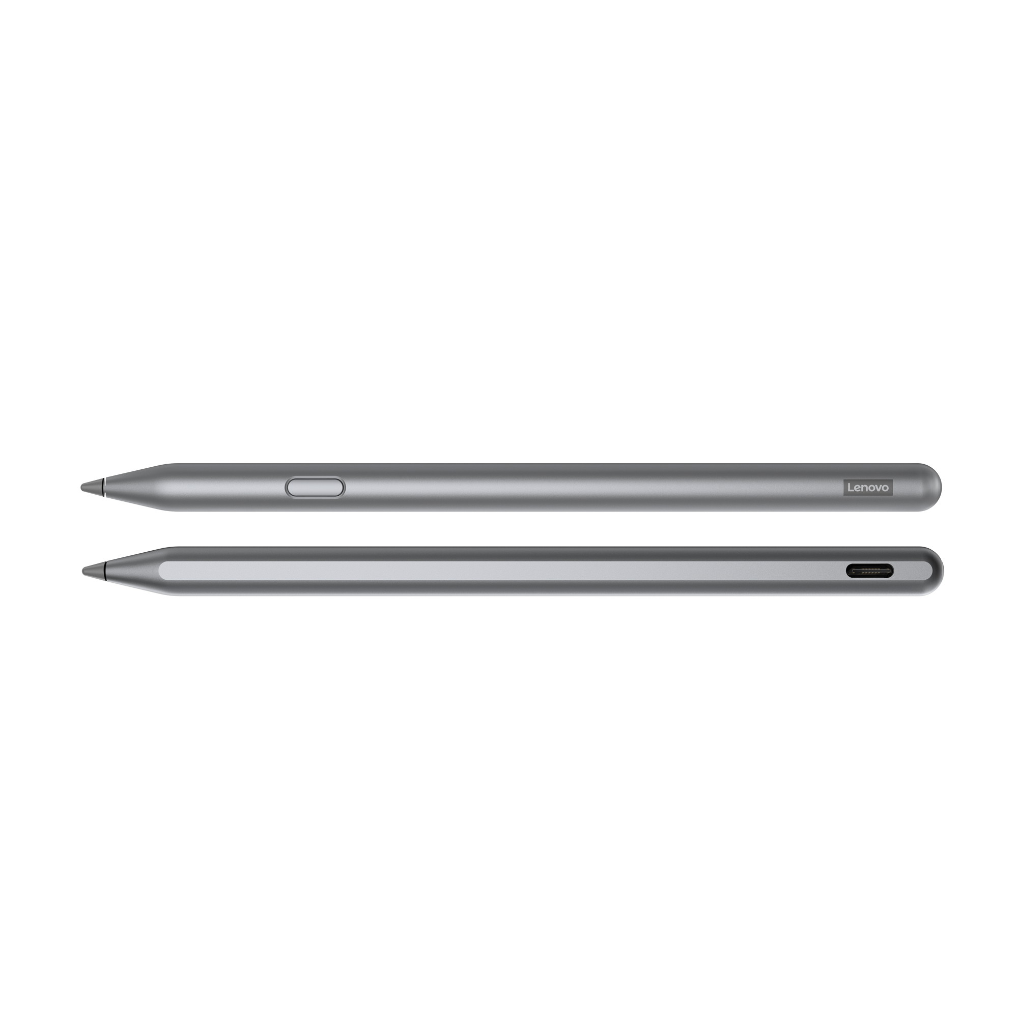 Dos lápices ópticos Lenovo plateados sobre fondo negro. Uno está encima del otro.