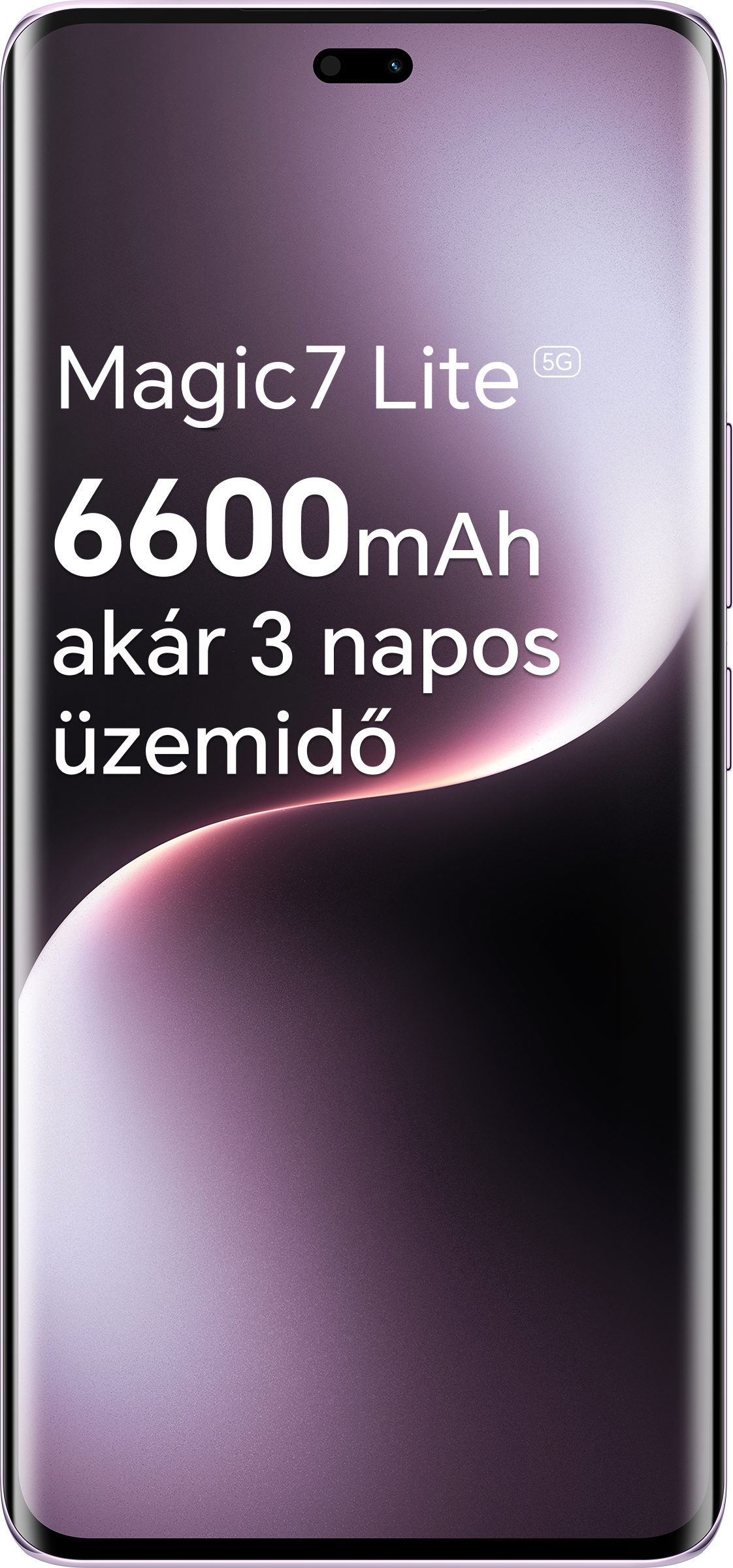 Lila telefon szöveggel: Magic7 Lite, 6600mAh akkumulátor, akár 3 napos használat.