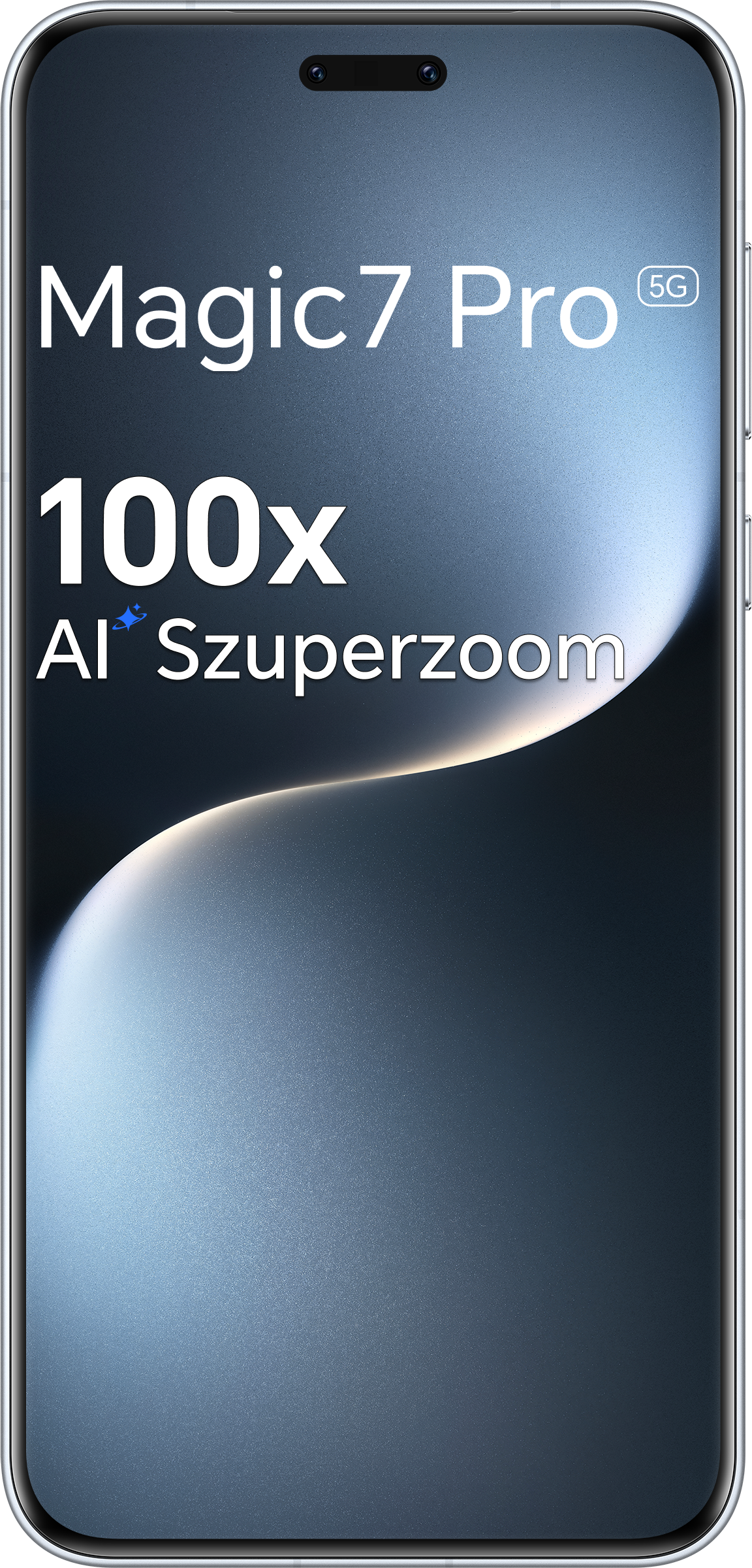 Ezüst telefon szöveggel: Magic7 Pro, 100x AI Superzoom.