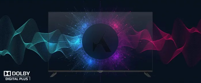 Czarny telewizor Smart TV z kolorowym tłem.