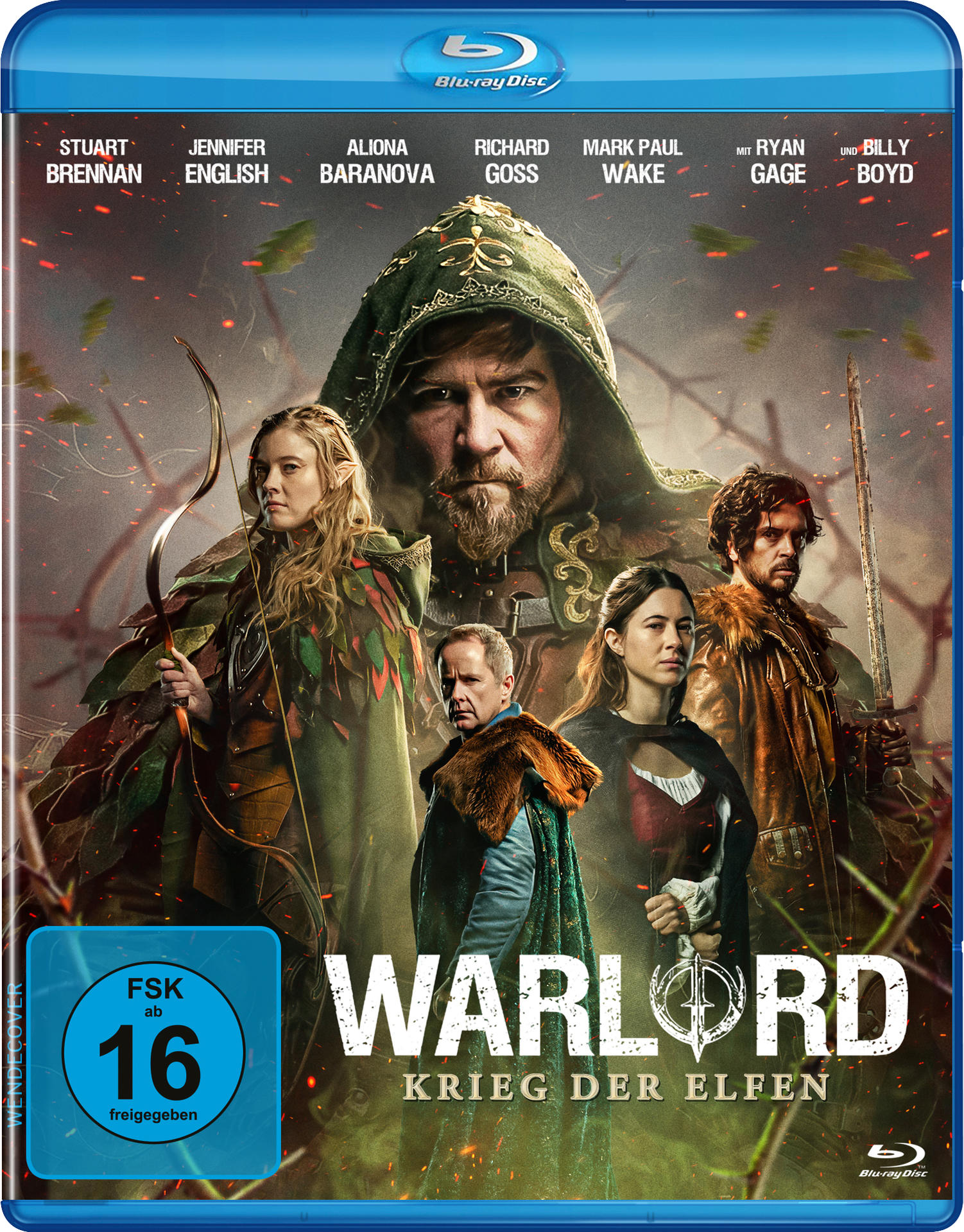 Filmcover: Gruppe von Leuten mit Schwertern und Bögen. Text Warlord. Blauer Hintergrund.