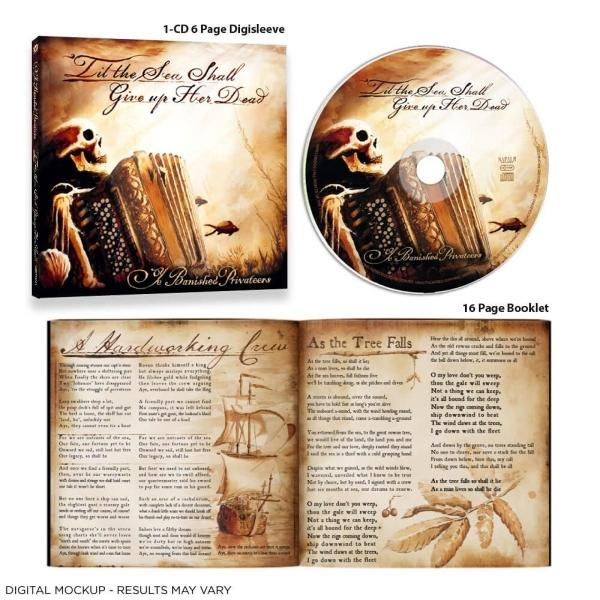 Ein CD- und Booklet-Set mit einem Skelett, das Akkordeon spielt, mit Text und Bildern zur Musik.