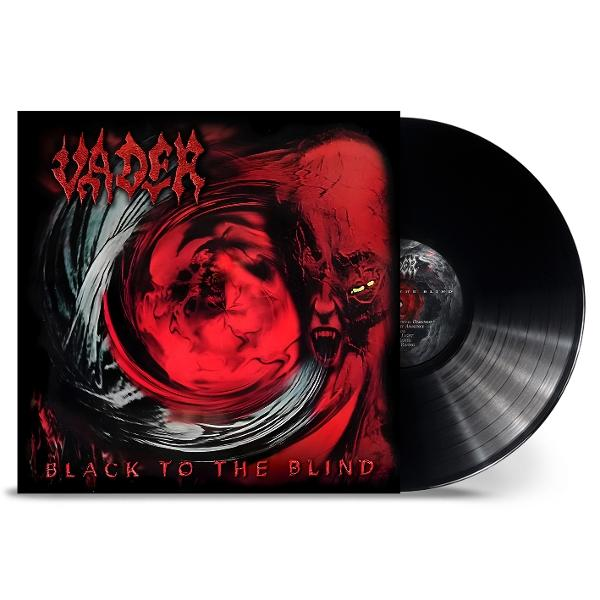 Vader album borító, fekete bakelit lemez. A borítón egy vörös démoni arc és a zenekar neve látható.